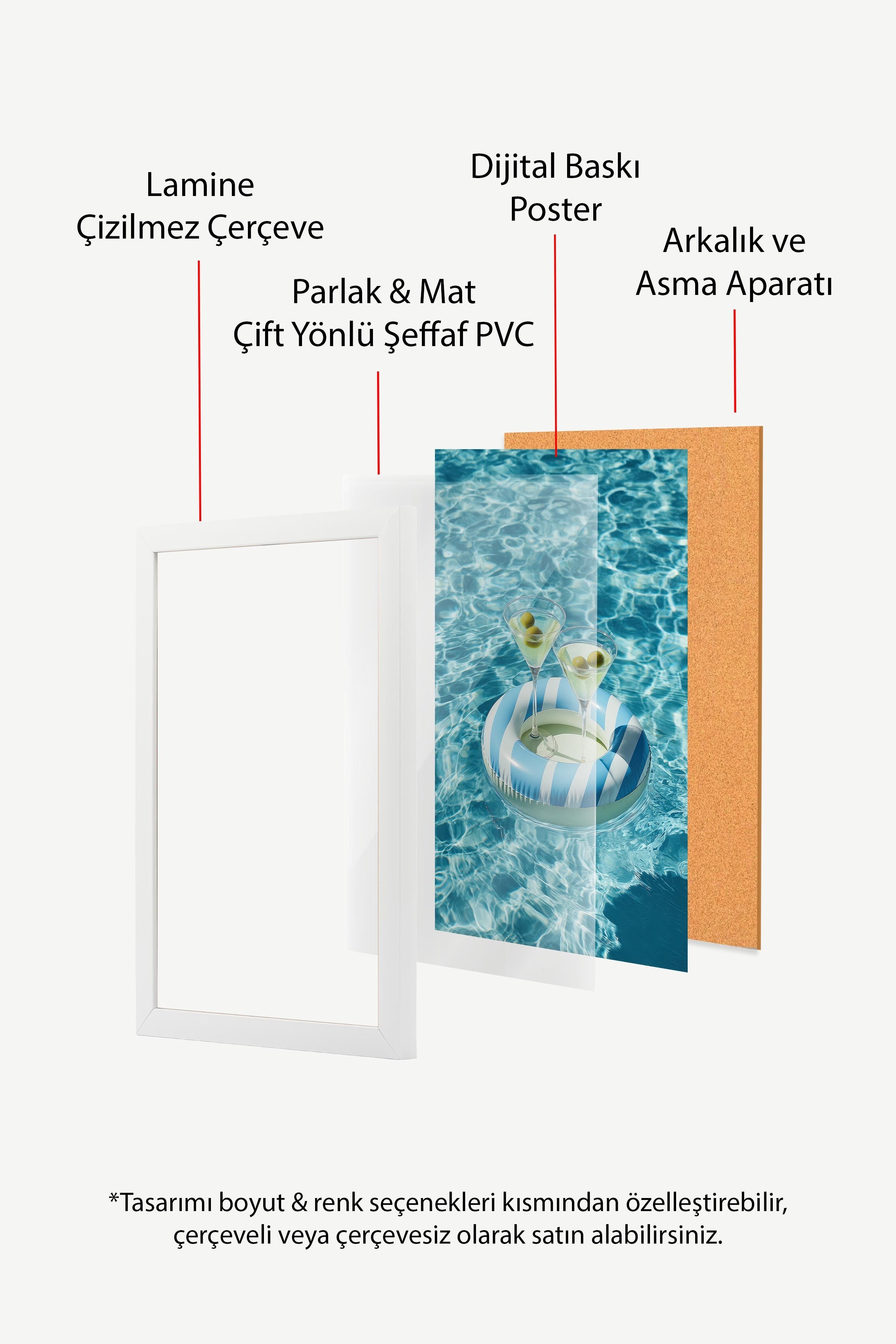 Havuz ve Martini Bardağı Posteri, Beyaz Çerçeveli Poster, Old Money Serisi, NO:113247