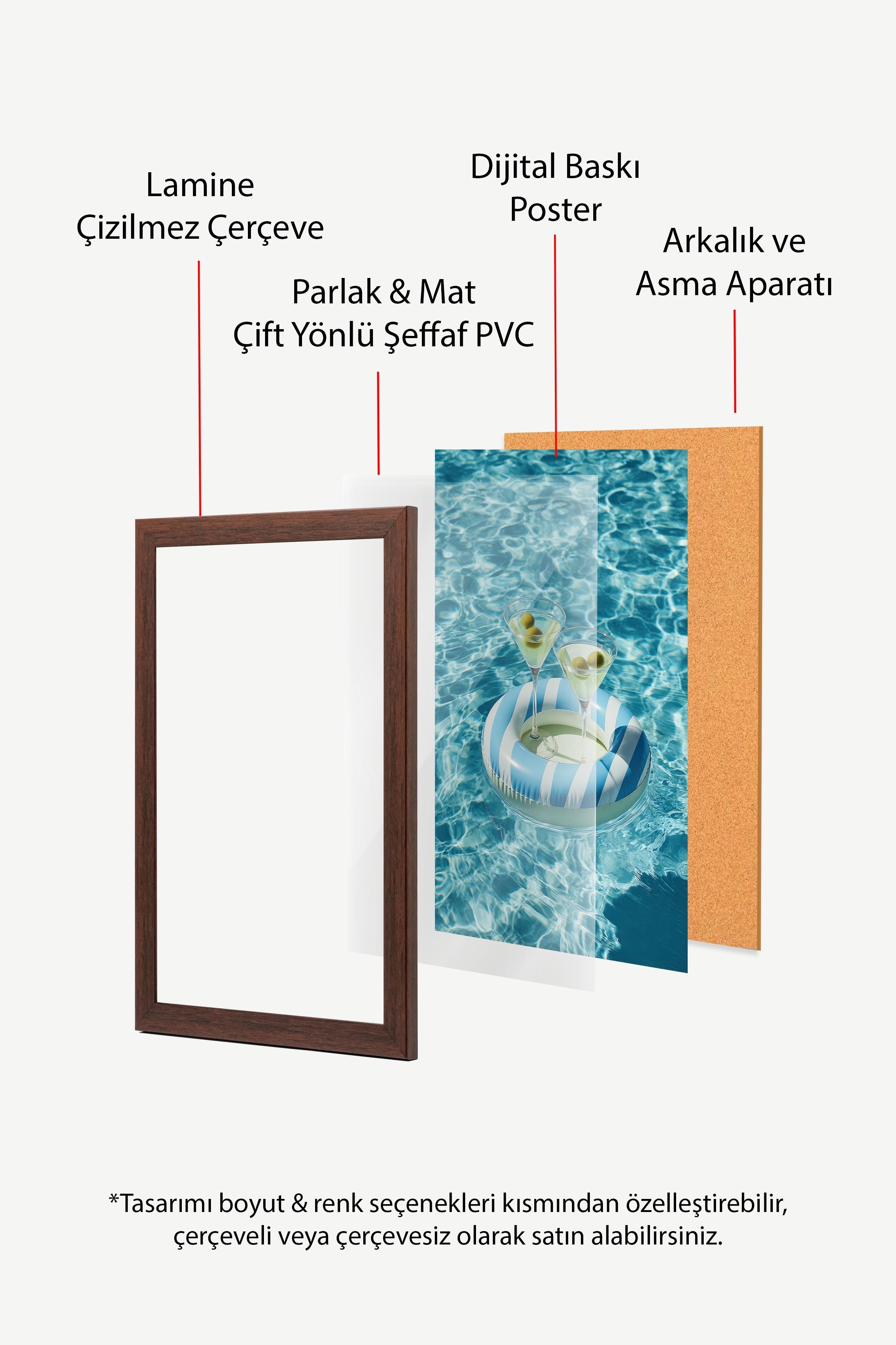Havuz ve Martini Bardağı Posteri, Kahverengi Çerçeveli Poster, Old Money Serisi, NO:113247
