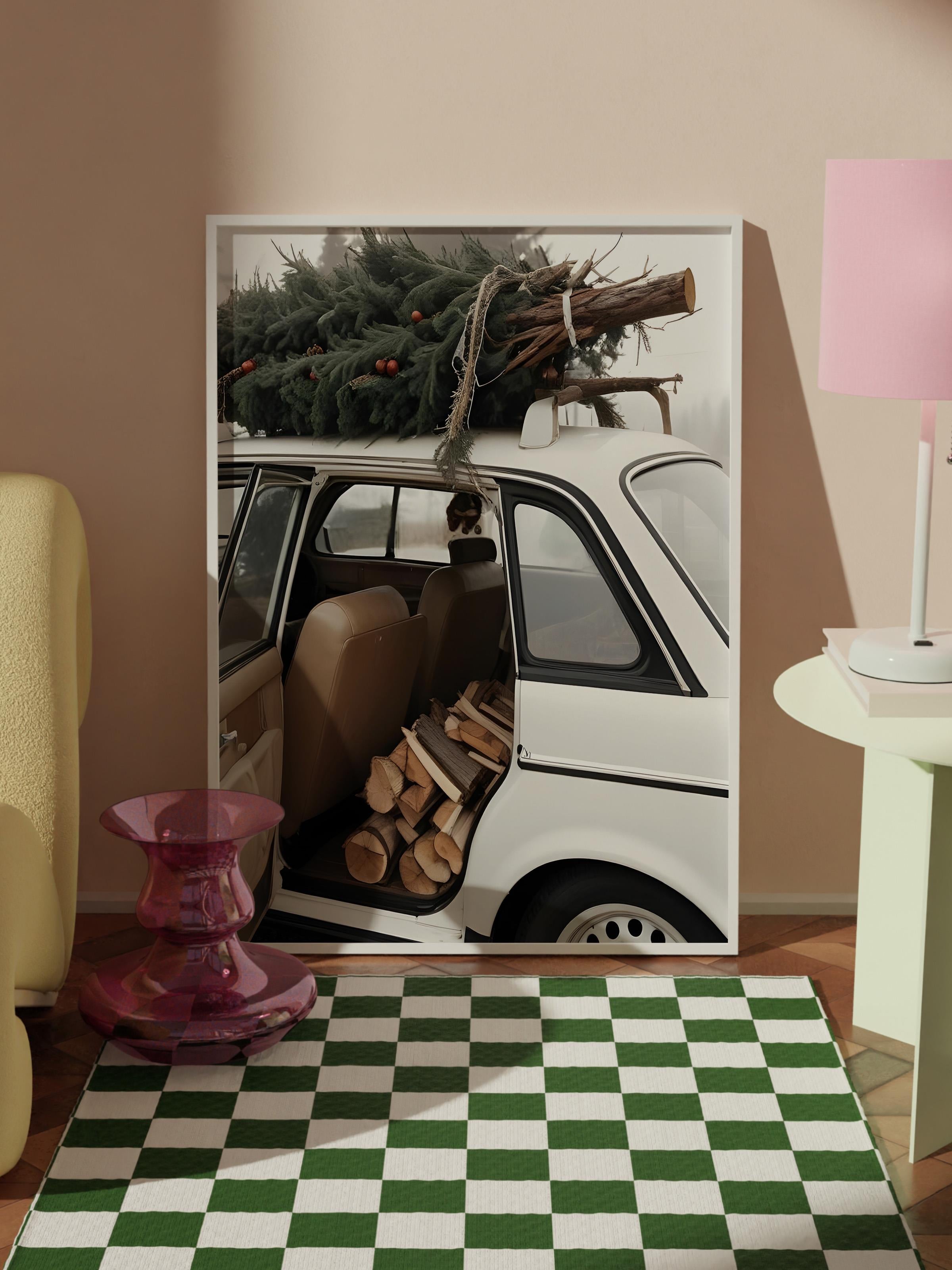 Holiday Car Yılbaşı Tablo, Beyaz Çerçeve ve Poster, Dikey Duvar Tablosu Comfort Serisi NO:108473