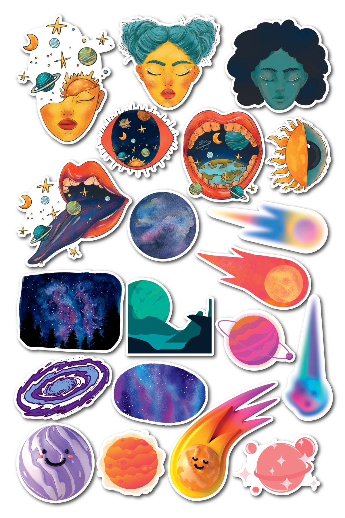Indie Uzay Temalı Sticker Seti - 20 Adet Etiket Seti- Telefon, Tablet, Defter Laptop Uyumlu Etiket