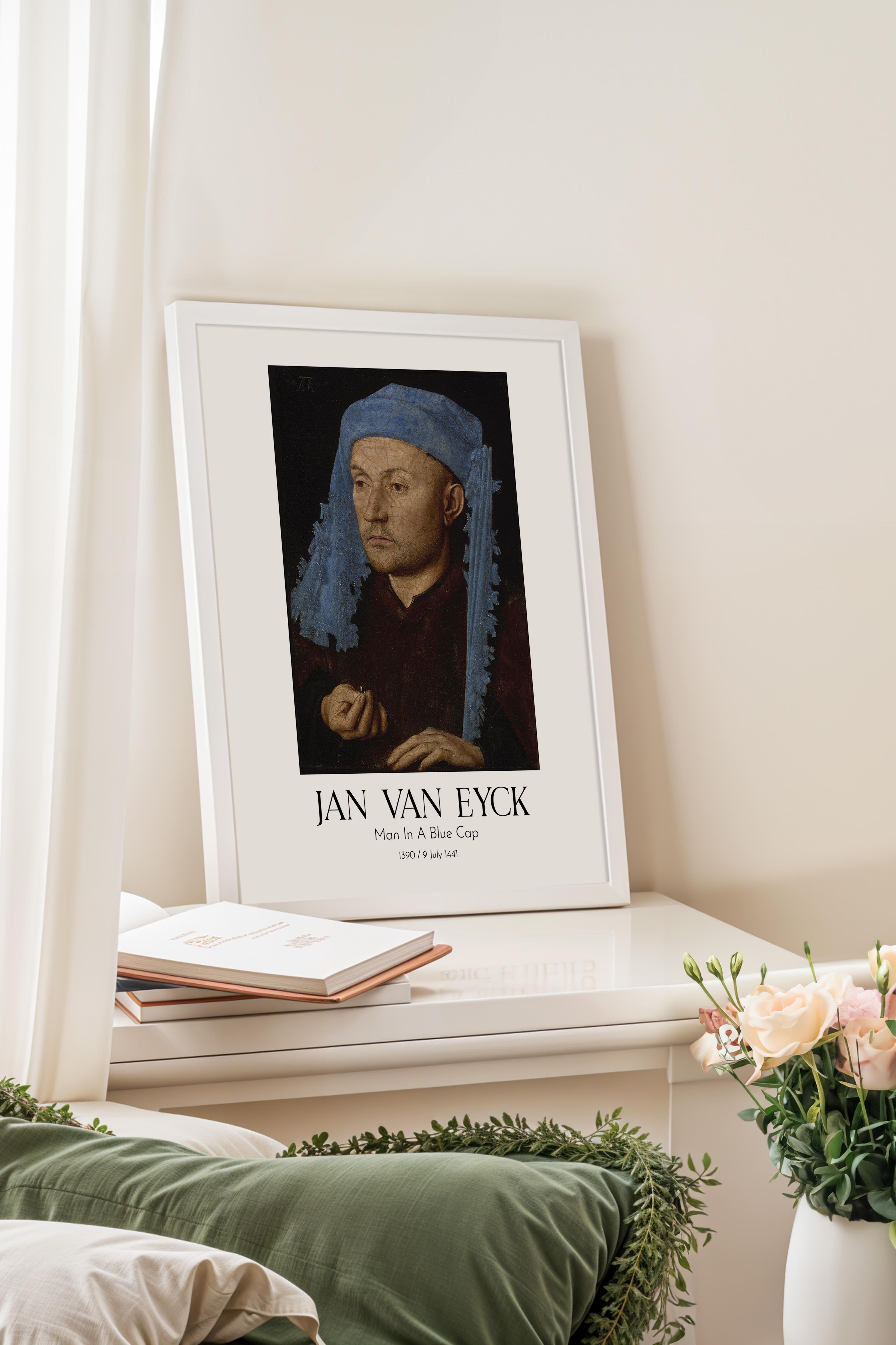 Jan Van Eyck - Man In A Blue Cap, Beyaz Çerçeveli Tablo, Sanat Serisi NO:112139
