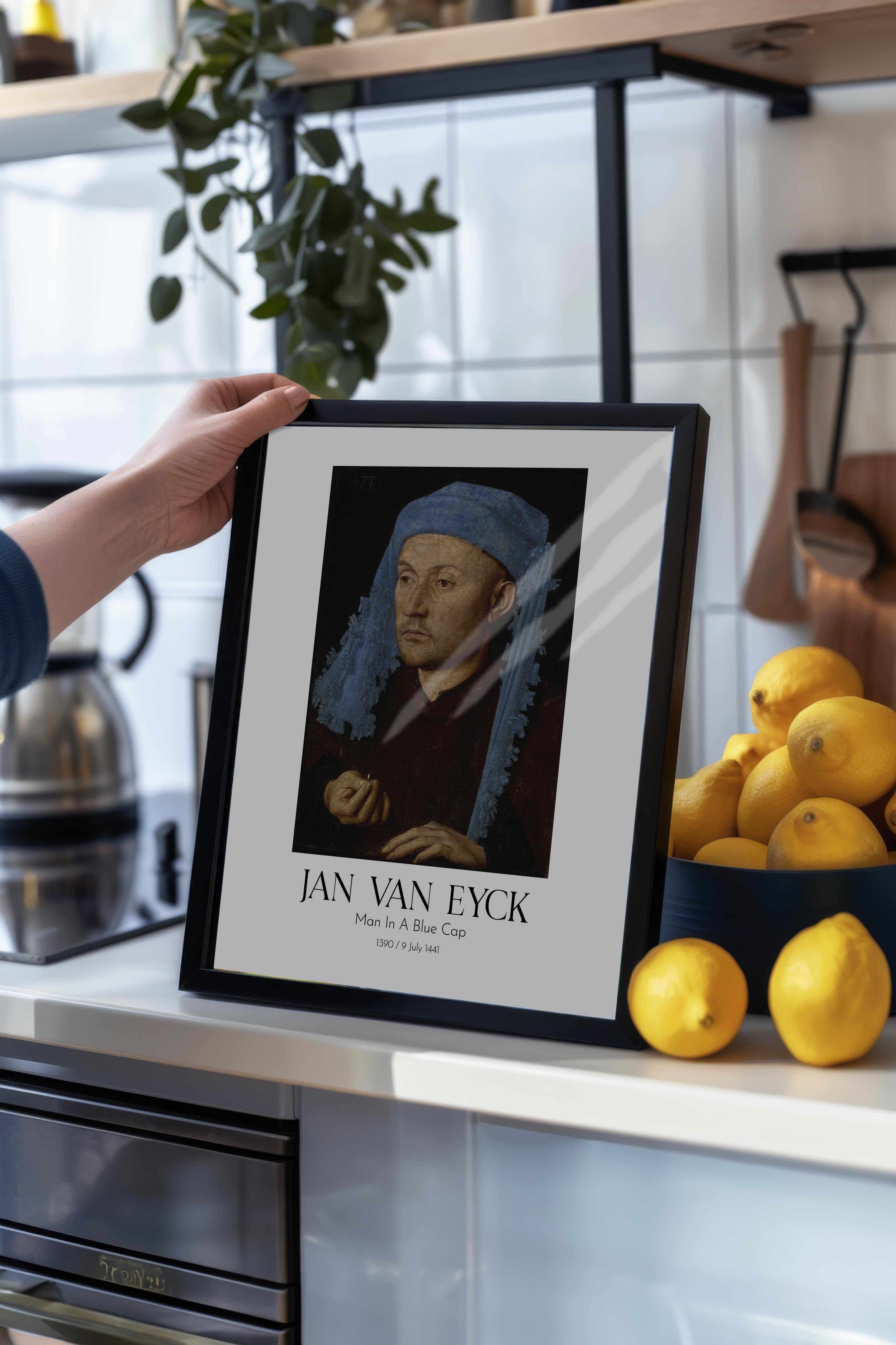 Jan Van Eyck - Man In A Blue Cap, Siyah Çerçeveli Tablo, Sanat Serisi NO:112139