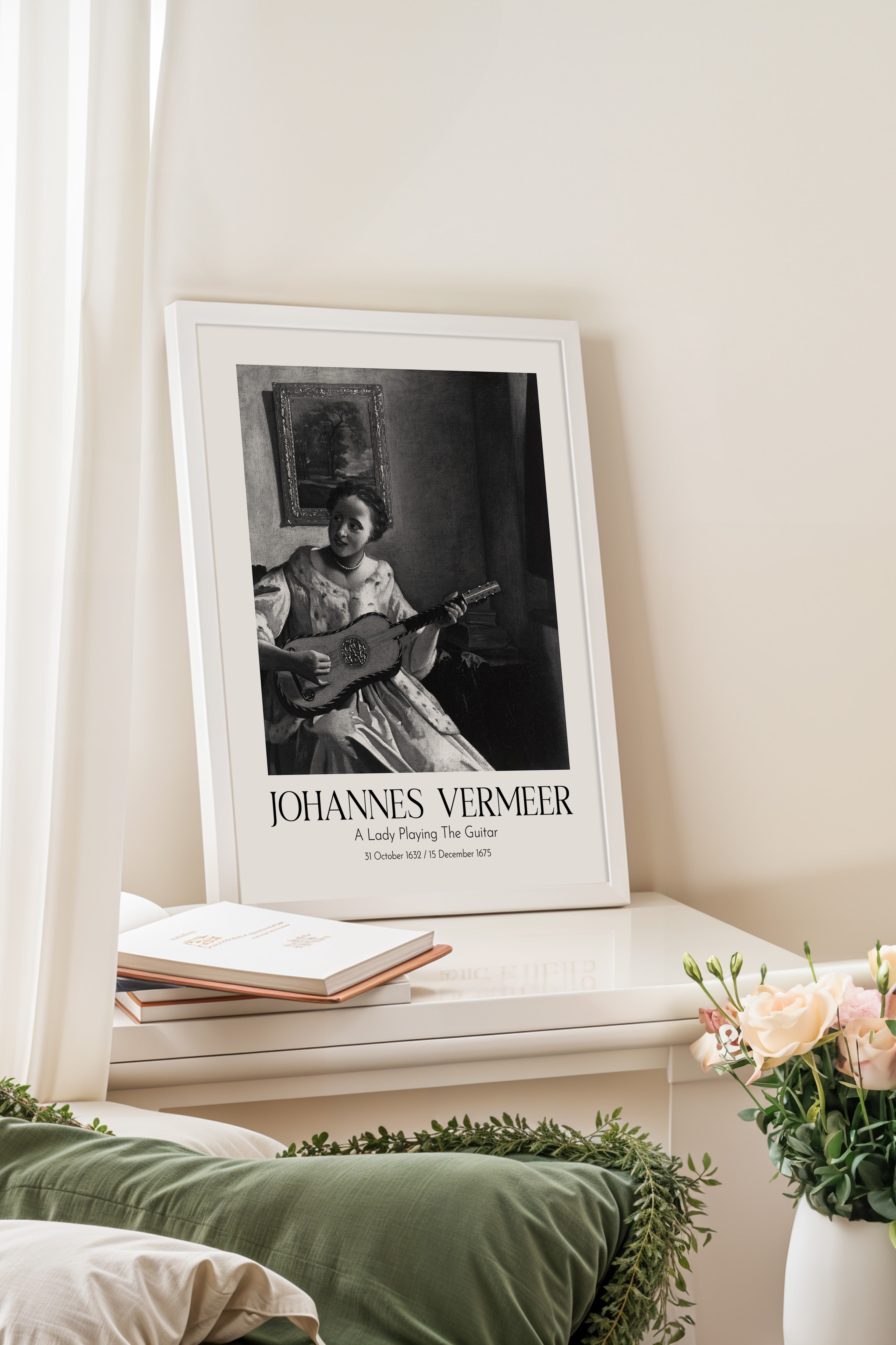 Johannes Vermeer - A Lady Playing The Guitar, Beyaz Çerçeveli Tablo, Sanat Serisi NO:110340