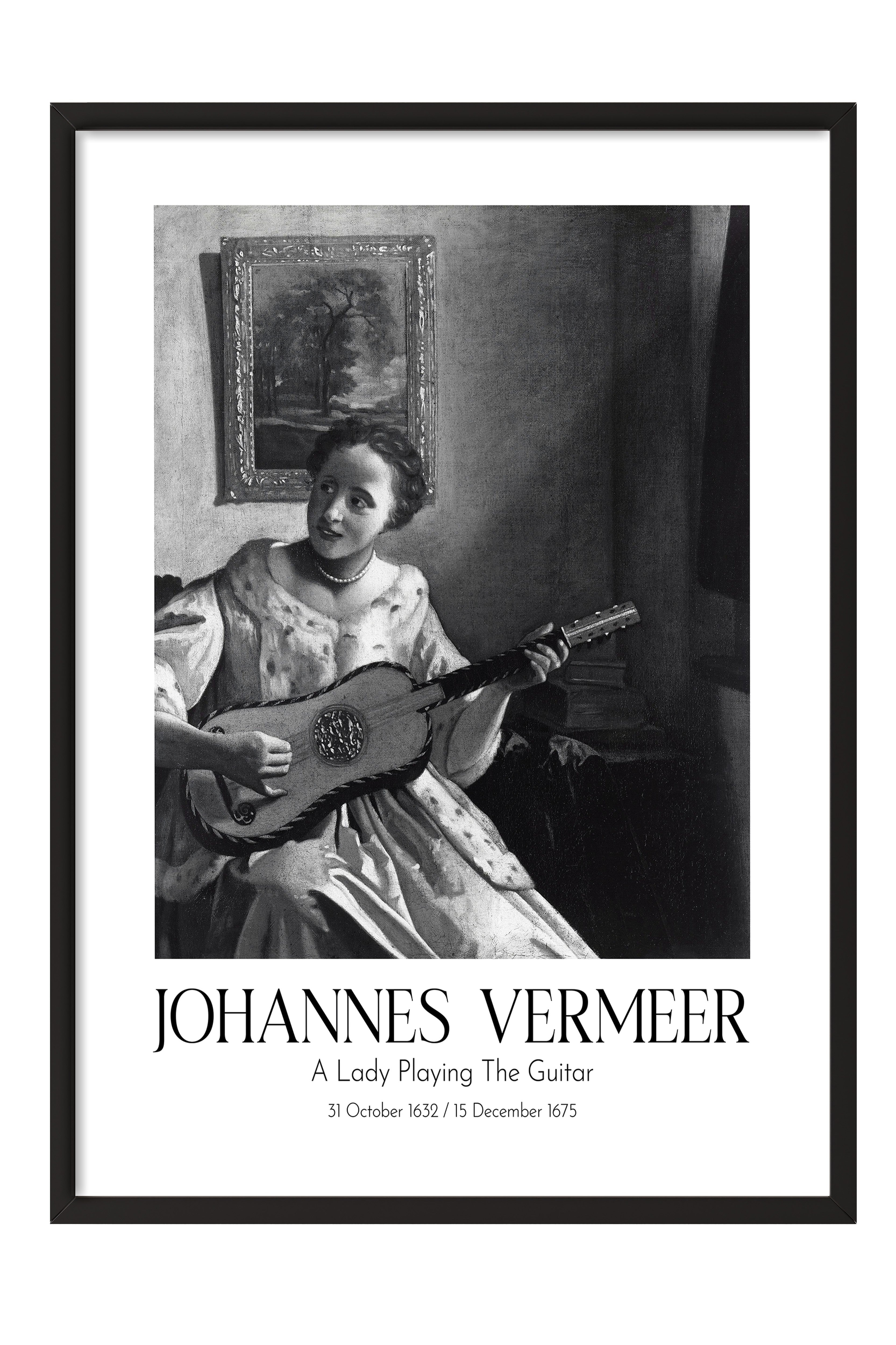 Johannes Vermeer - A Lady Playing The Guitar, Siyah Çerçeveli Tablo, Sanat Serisi NO:110340