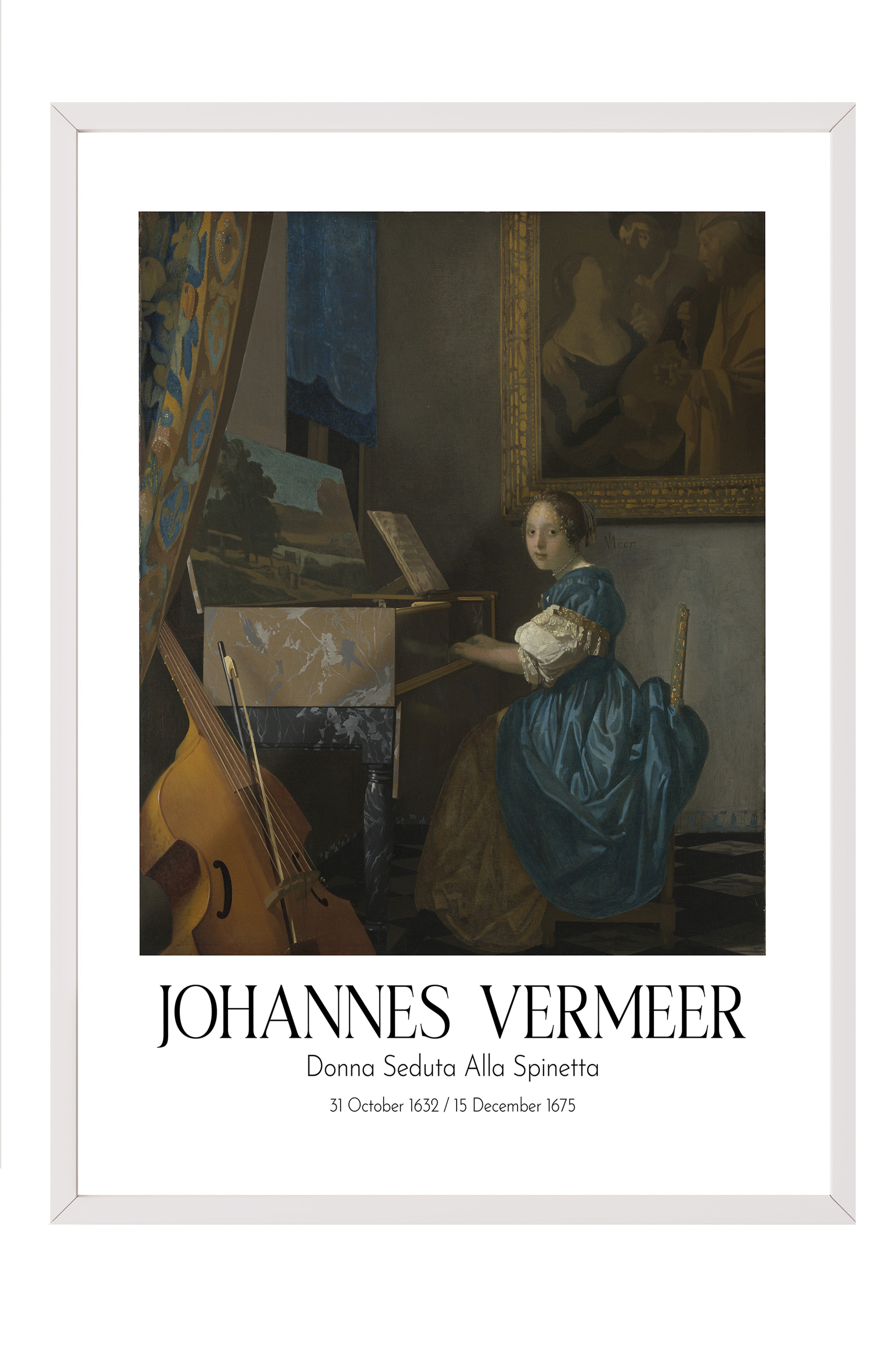 Johannes Vermeer - Donna Seduta Alla Spinetta, Beyaz Çerçeveli Tablo, Sanat Serisi NO:110364