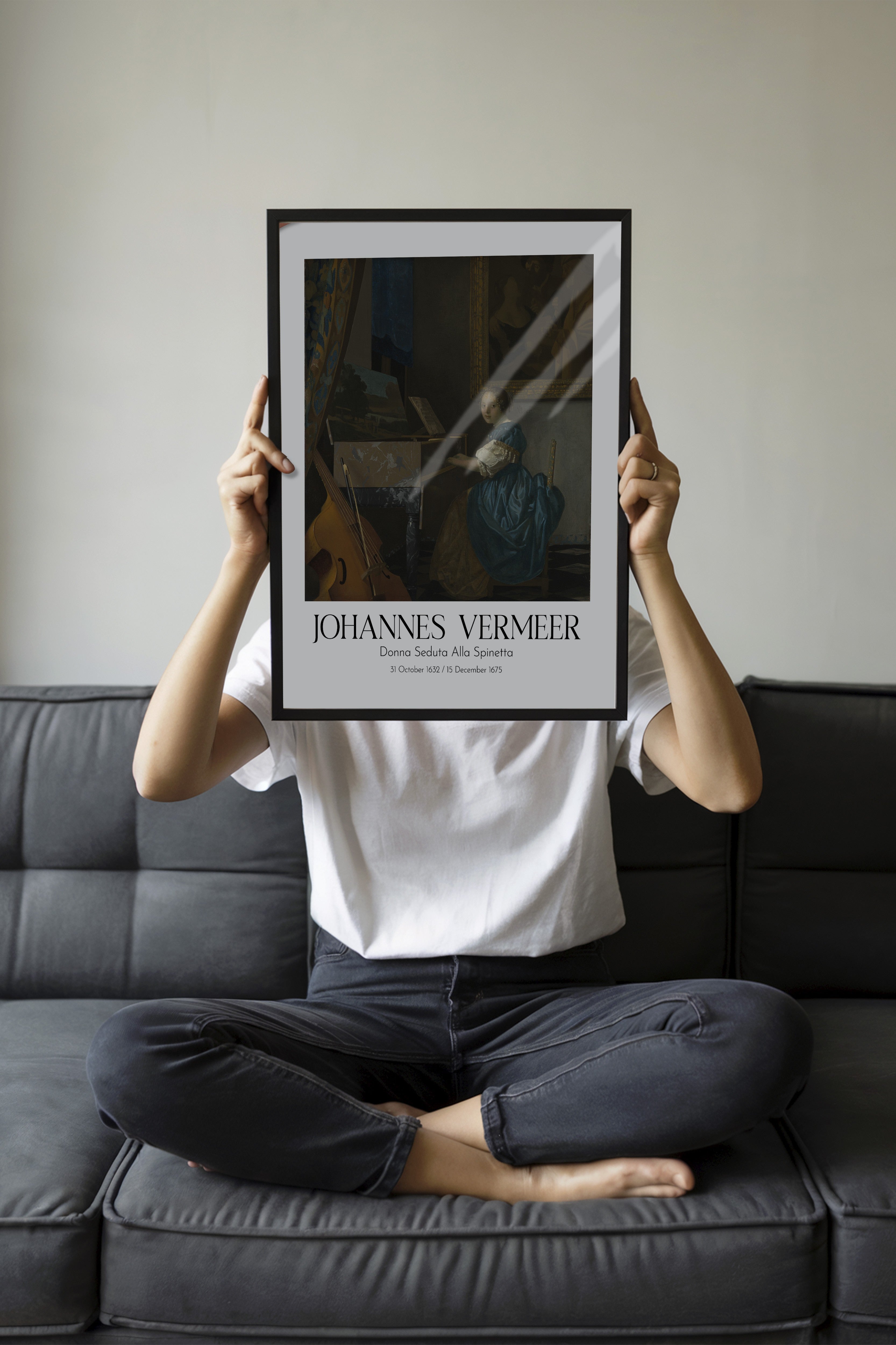 Johannes Vermeer - Donna Seduta Alla Spinetta, Siyah Çerçeveli Tablo, Sanat Serisi NO:110364