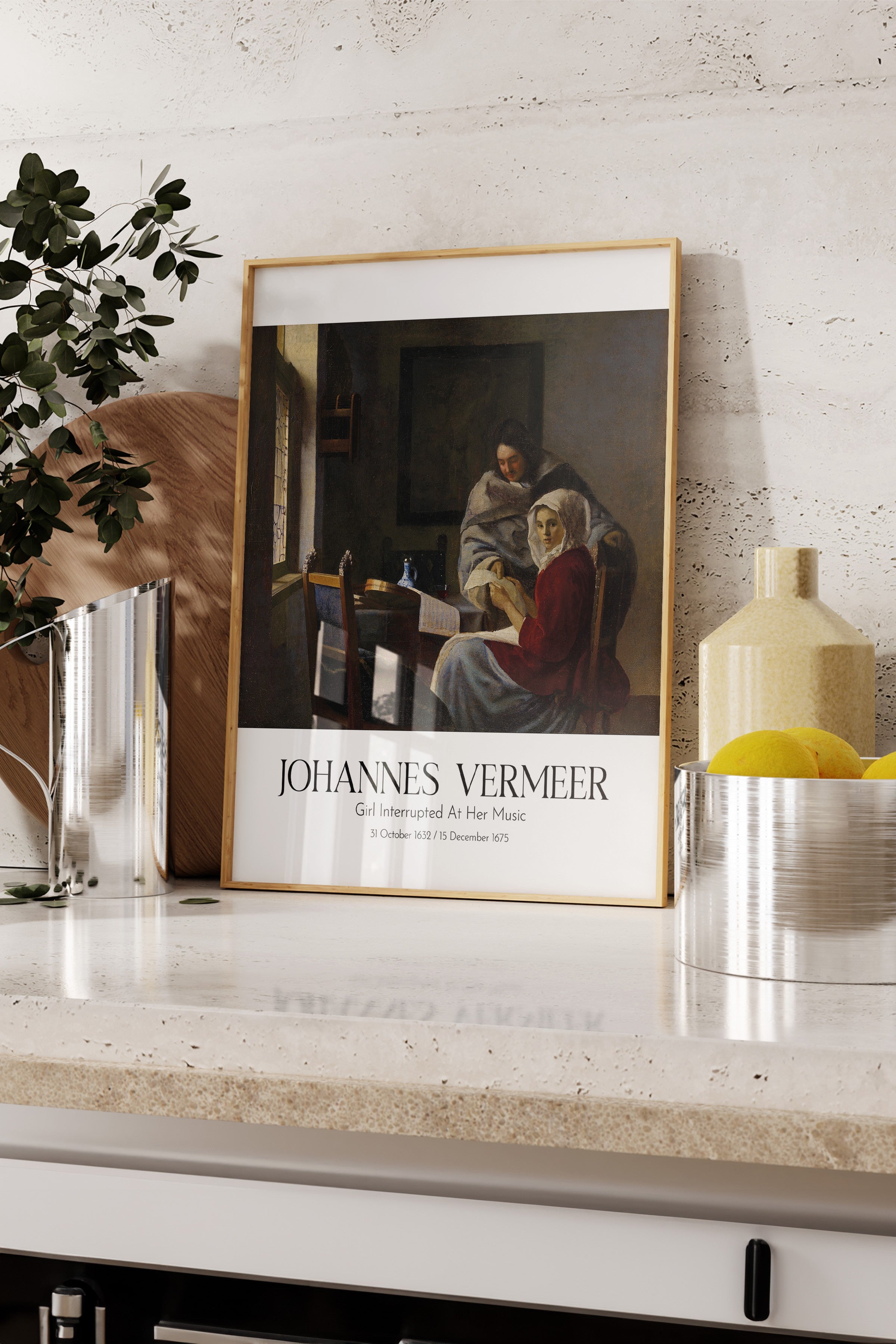 Johannes Vermeer - Girl Interrupted At Her Music, Ahşap Çerçeveli Tablo, Sanat Serisi NO:110348