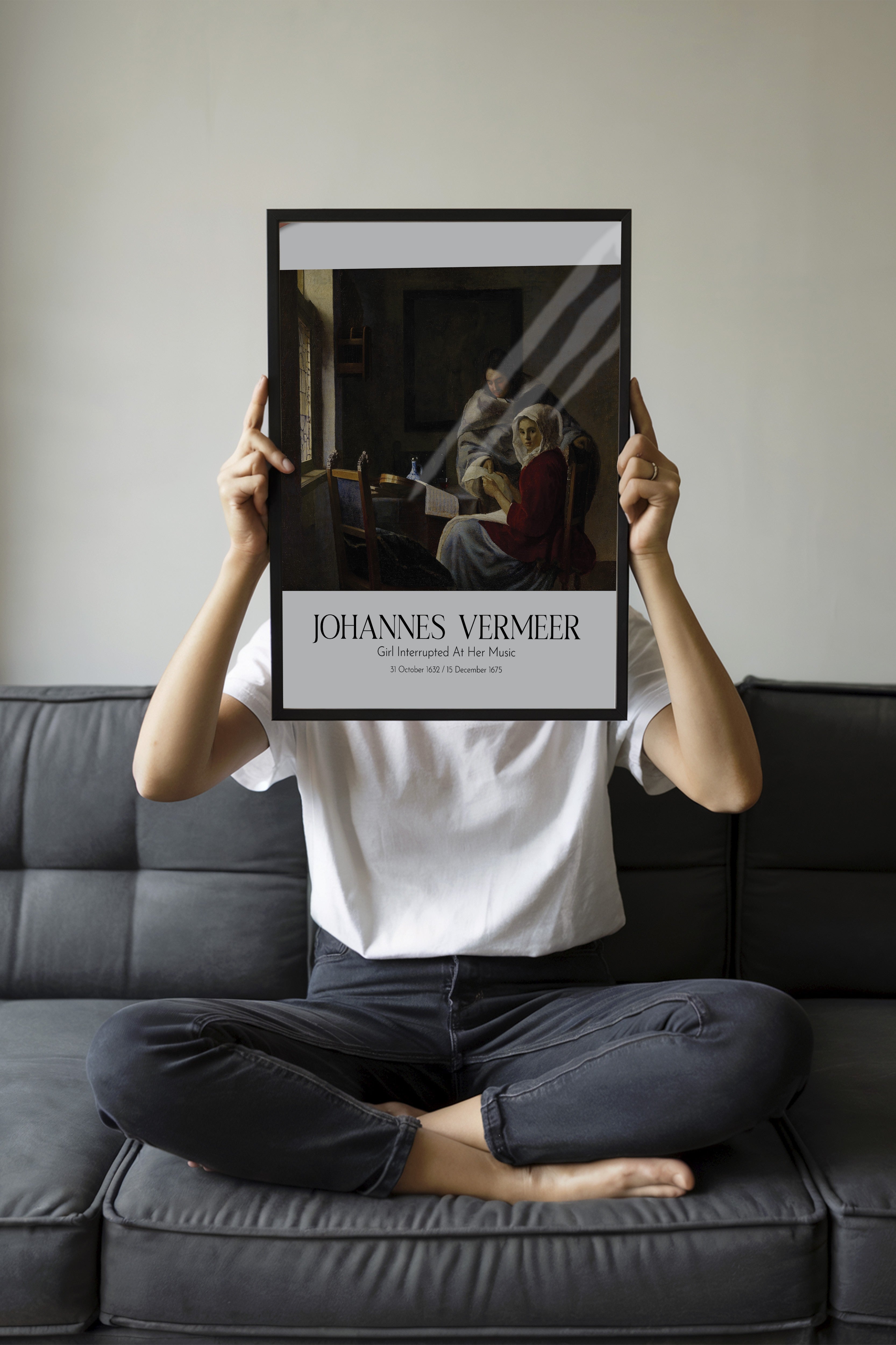 Johannes Vermeer - Girl Interrupted At Her Music, Siyah Çerçeveli Tablo, Sanat Serisi NO:110348