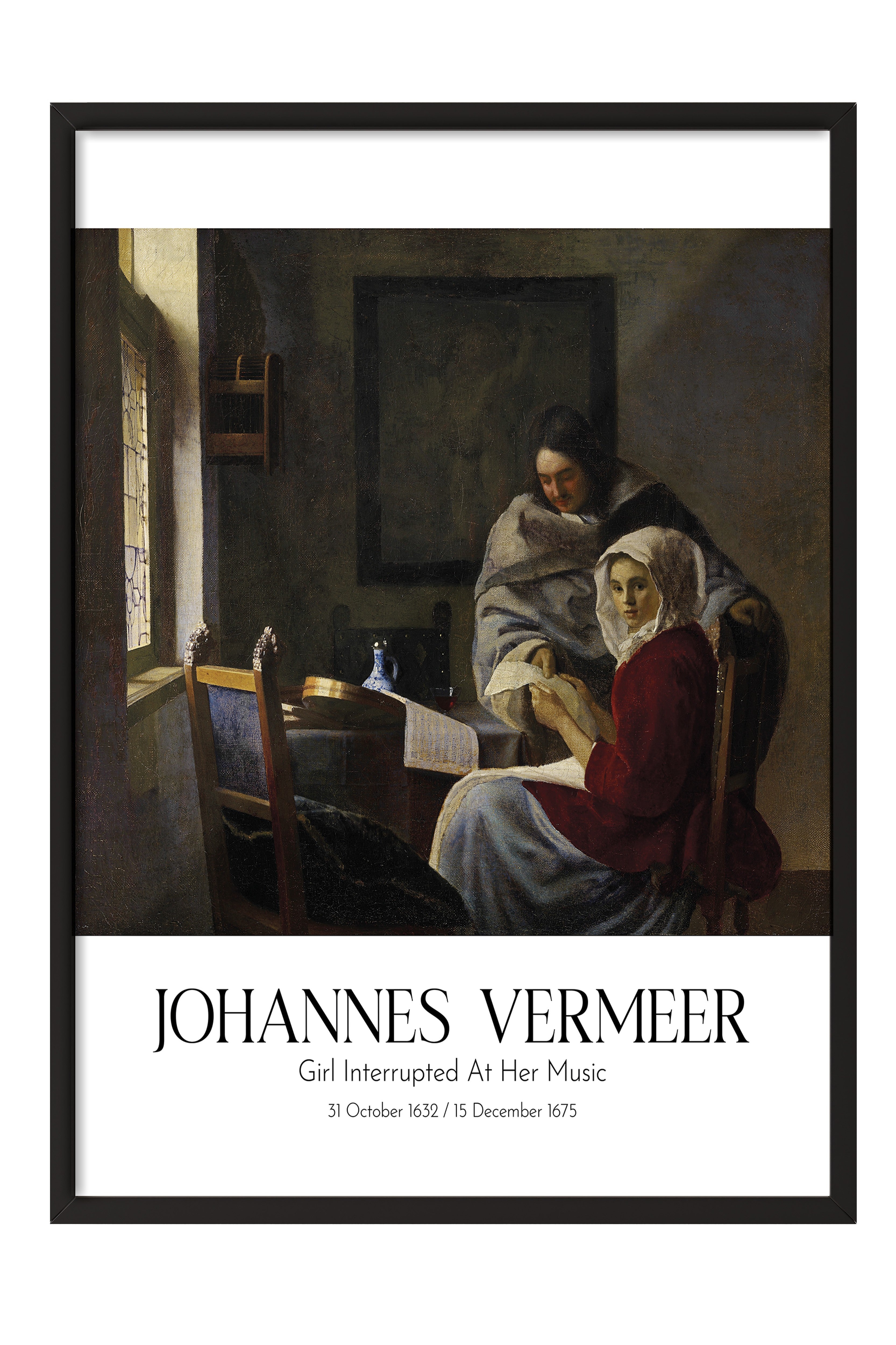Johannes Vermeer - Girl Interrupted At Her Music, Siyah Çerçeveli Tablo, Sanat Serisi NO:110348
