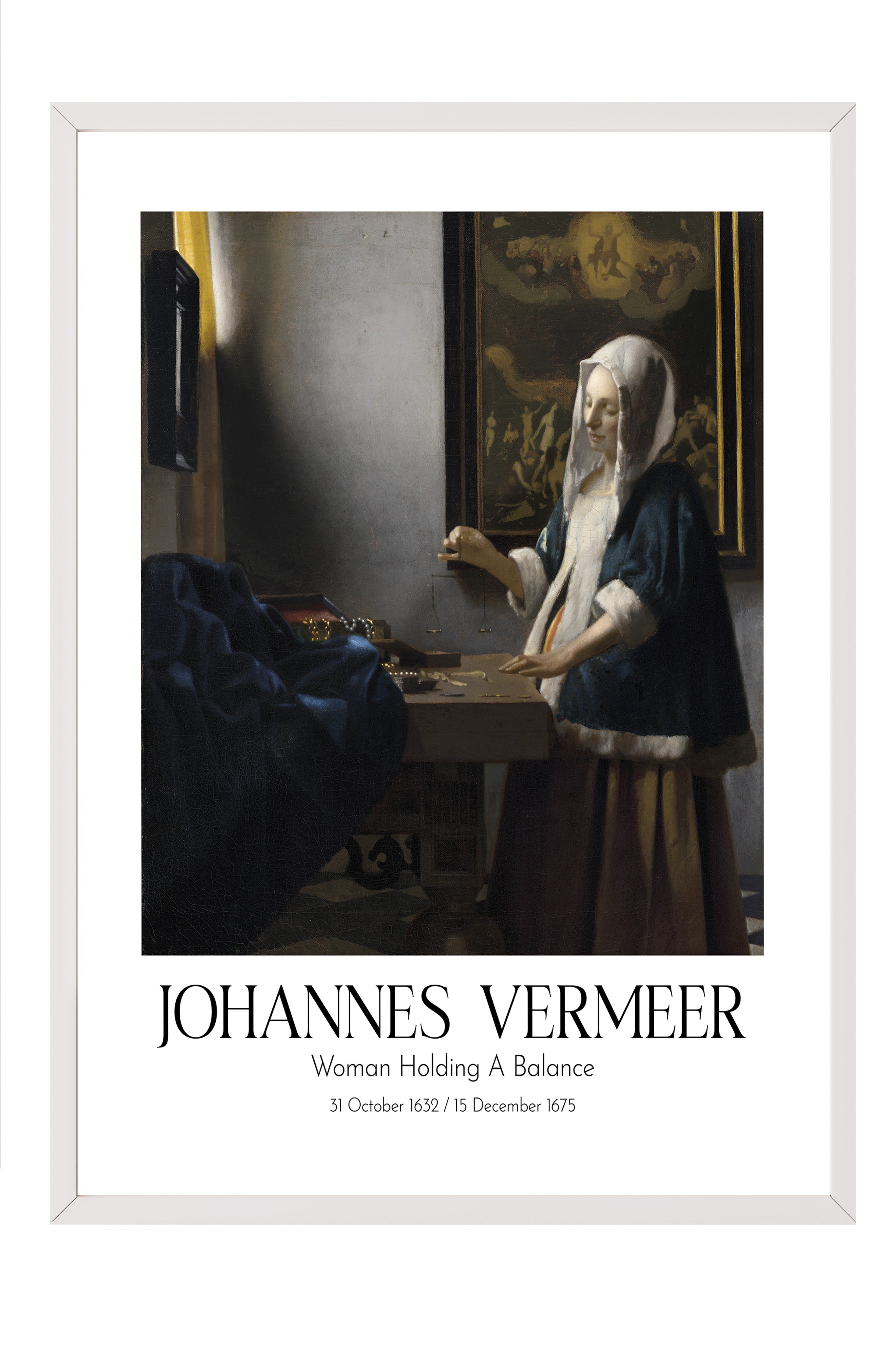 Johannes Vermeer - Woman Holding A Balance, Beyaz Çerçeveli Tablo, Sanat Serisi NO:110358