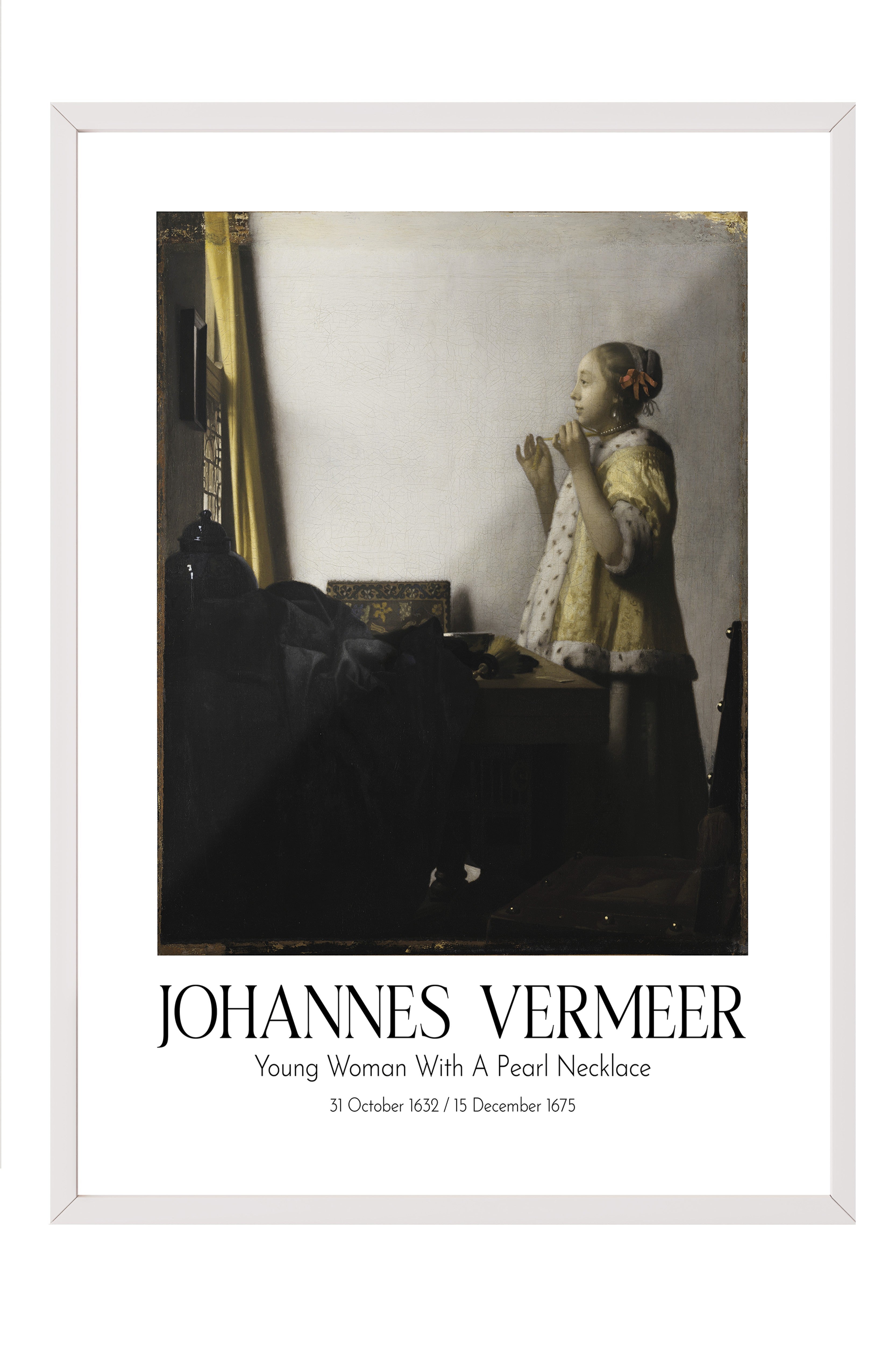 Johannes Vermeer - Young Woman With A Pearl Necklace, Beyaz Çerçeveli Tablo, Sanat Serisi NO:110362