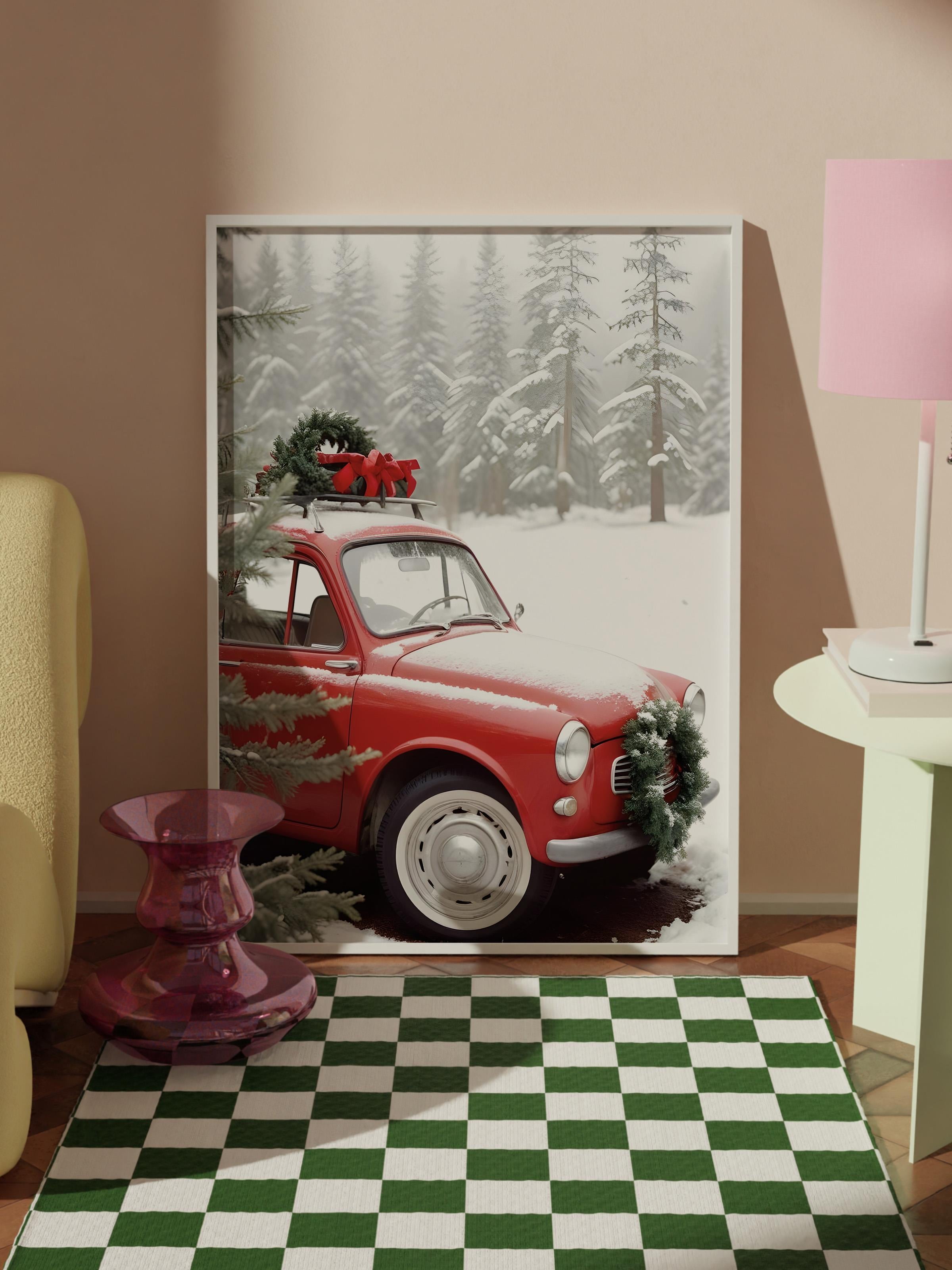 Jolly Car Yılbaşı Tablo, Beyaz Çerçeve ve Poster, Dikey Duvar Tablosu Comfort Serisi NO:108471