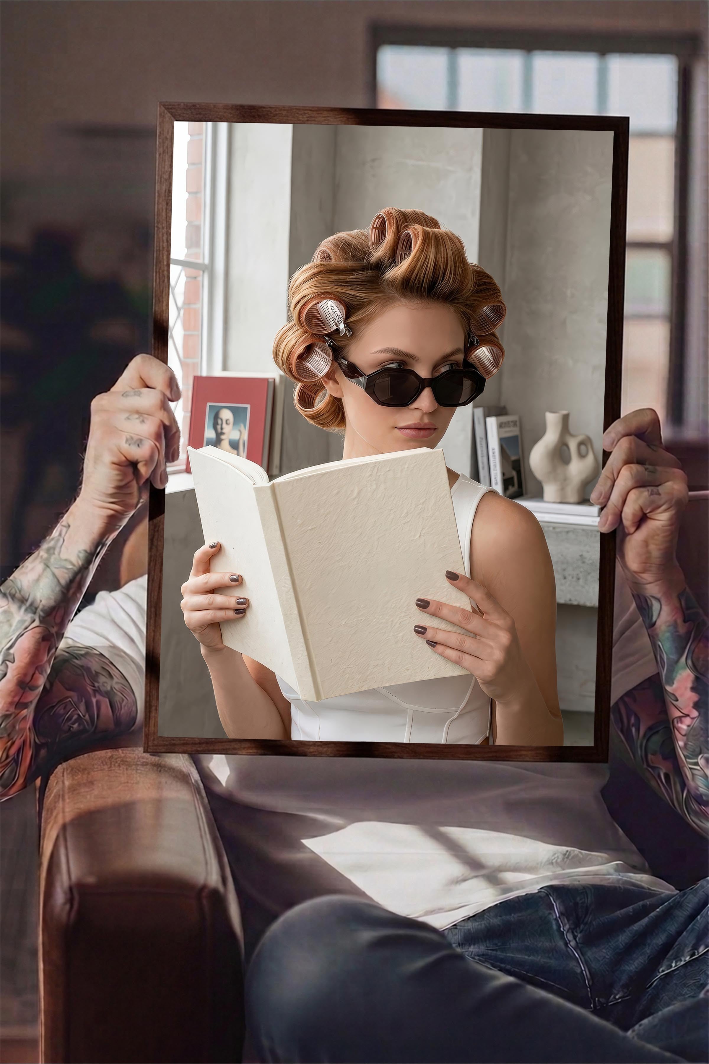 Kadın ve Kitap Posteri, Kahverengi Çerçeveli Poster, Old Money Serisi, NO:113133