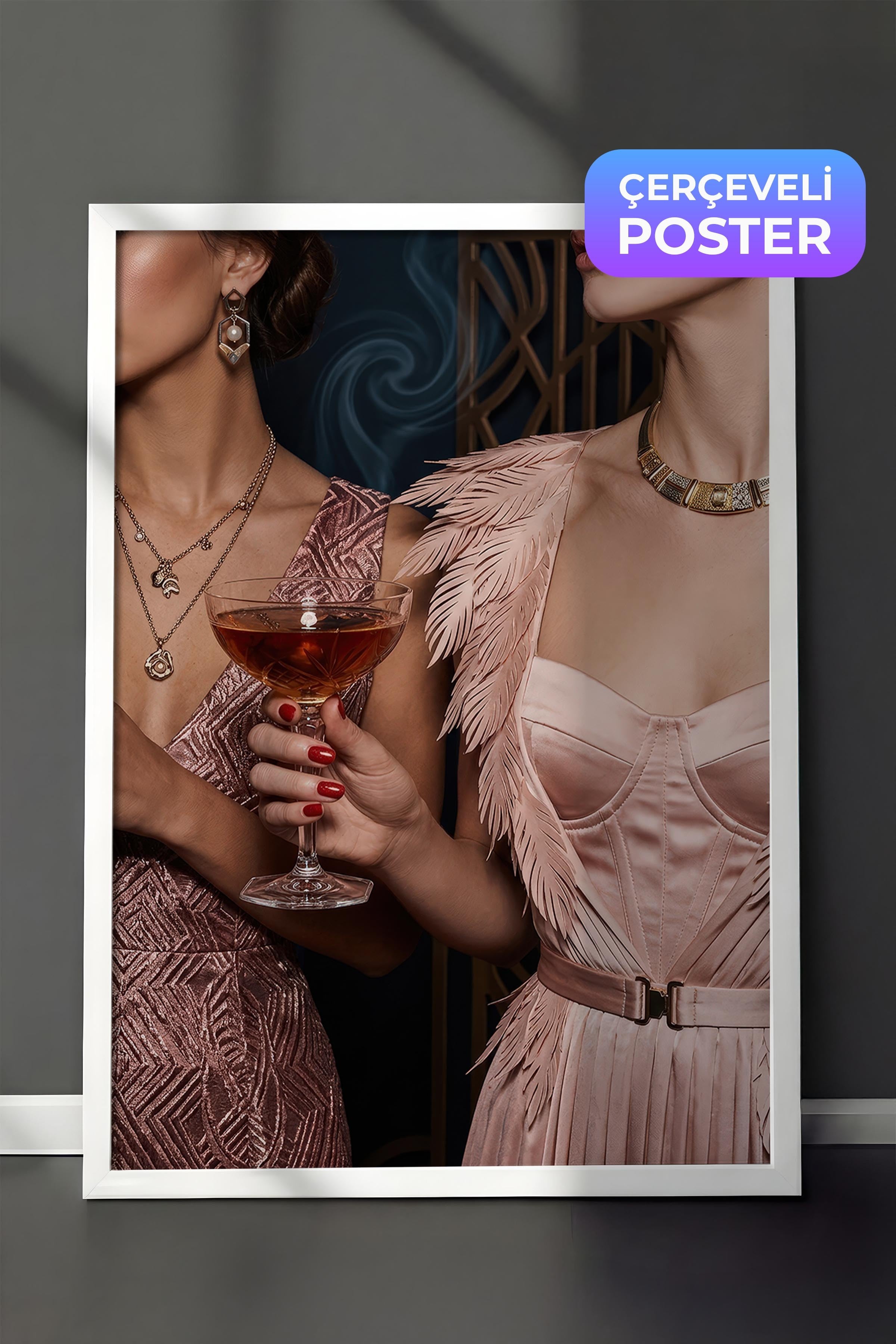 Kadın ve Kokteyl Bardağı Posteri, Beyaz Çerçeveli Poster, Old Money Serisi, NO:113208