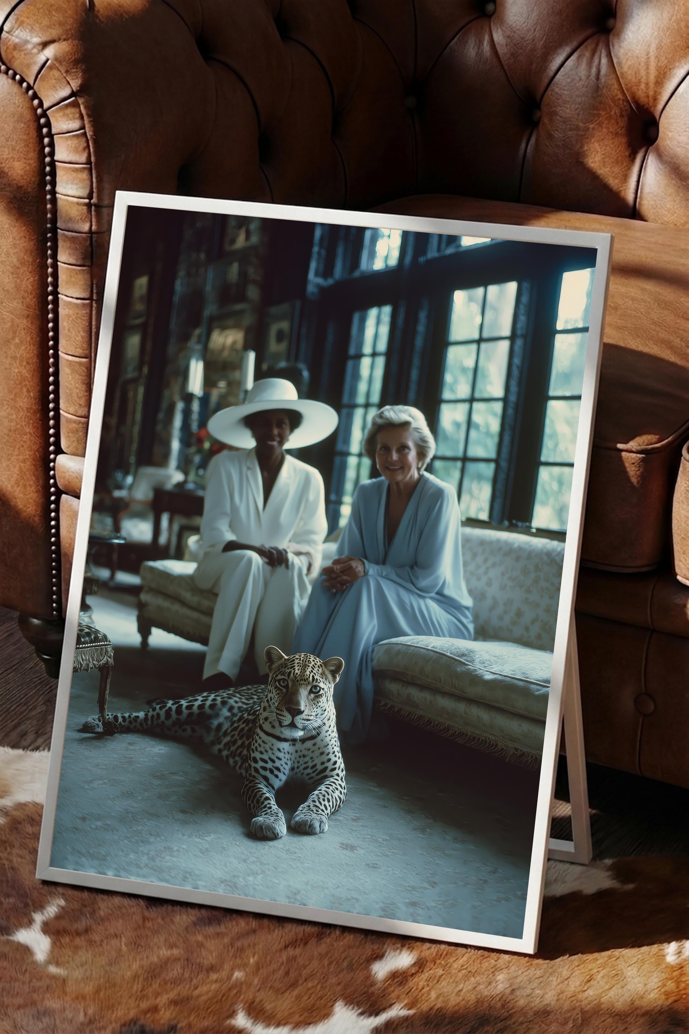 Kadın ve Leopar Posteri, Beyaz Çerçeveli Poster, Old Money Serisi, NO:113227