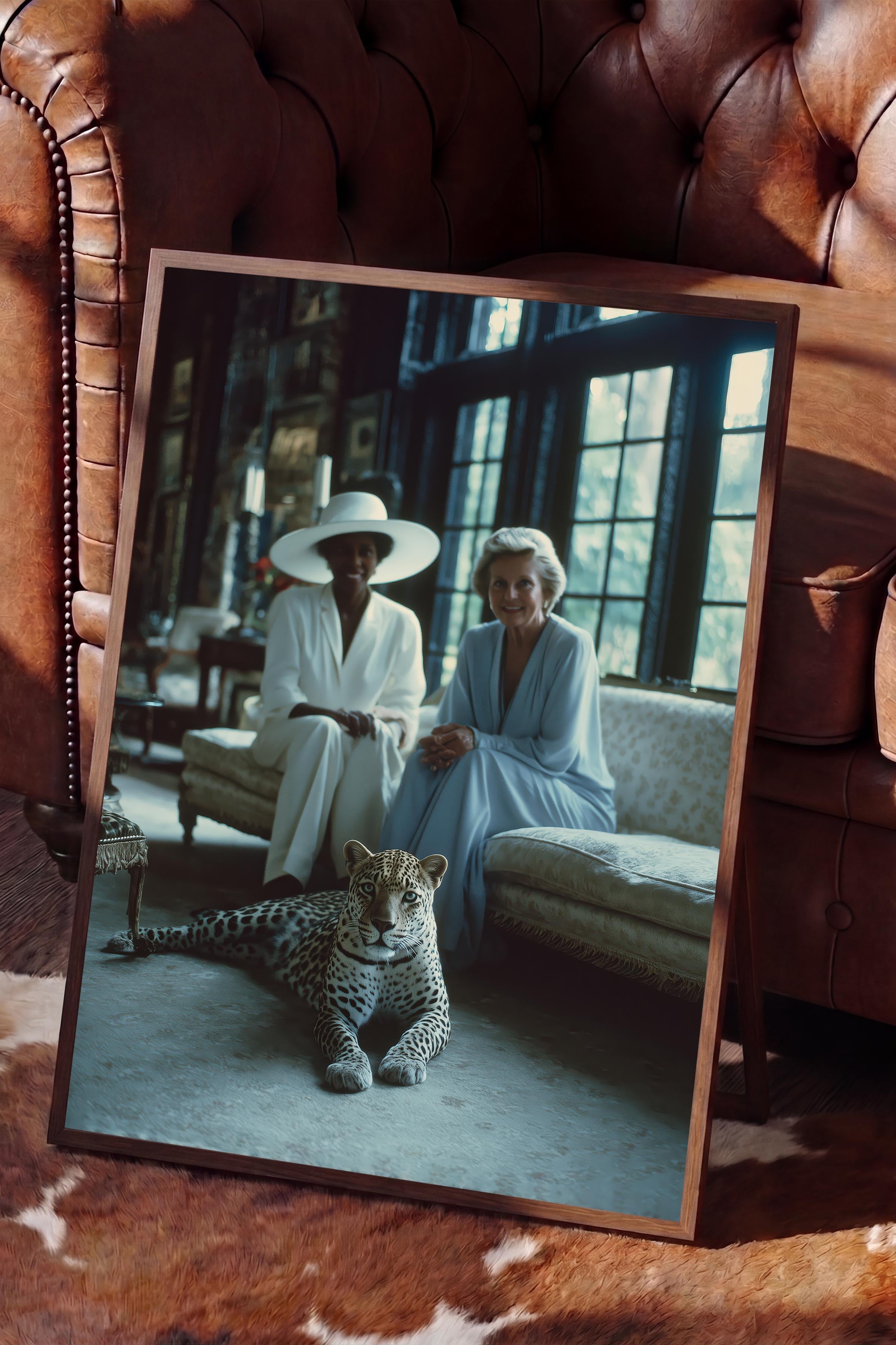Kadın ve Leopar Posteri, Kahverengi Çerçeveli Poster, Old Money Serisi, NO:113227