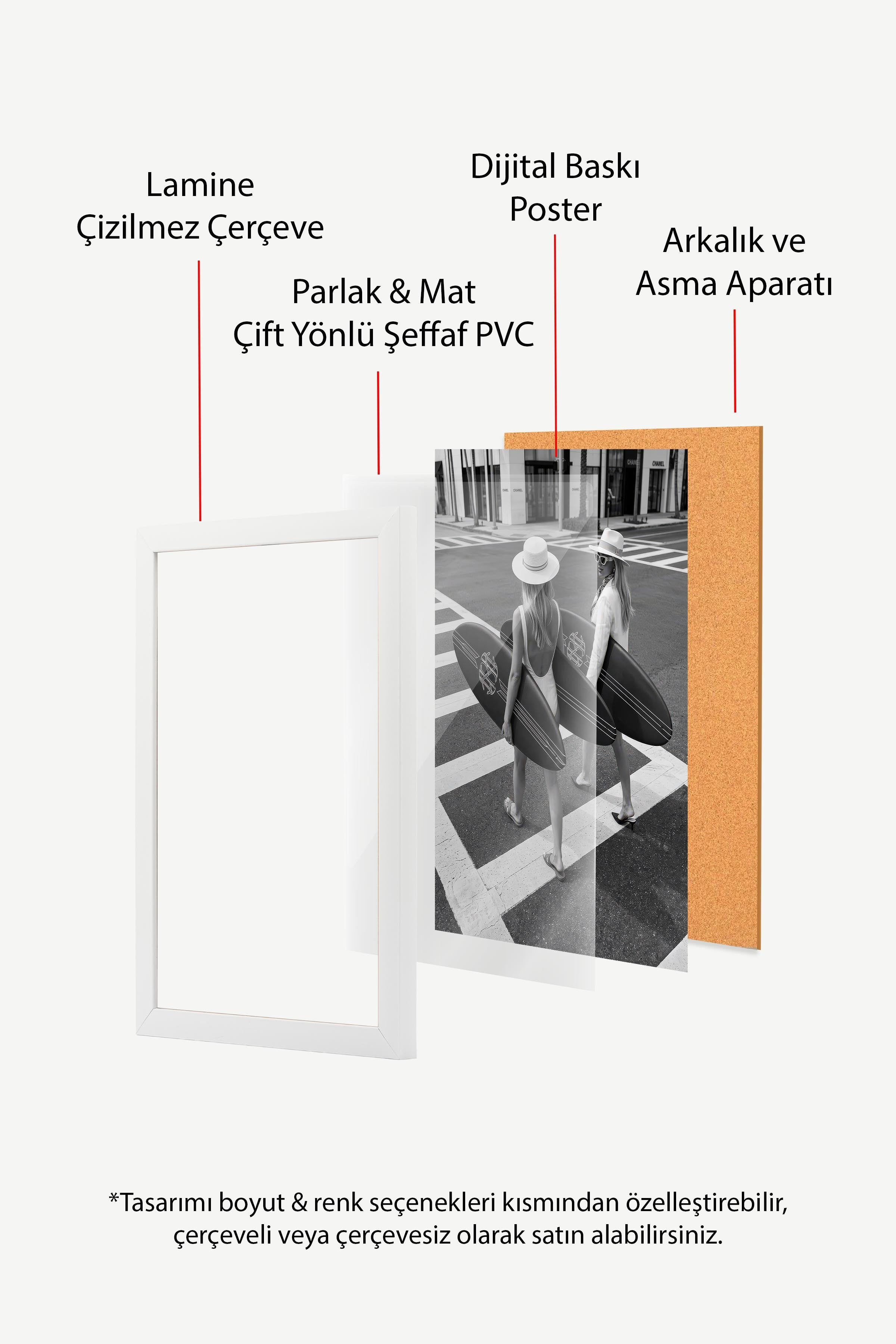 Kadın ve Sörf Tahtası Posteri, Beyaz Çerçeveli Poster, Old Money Serisi, NO:113130