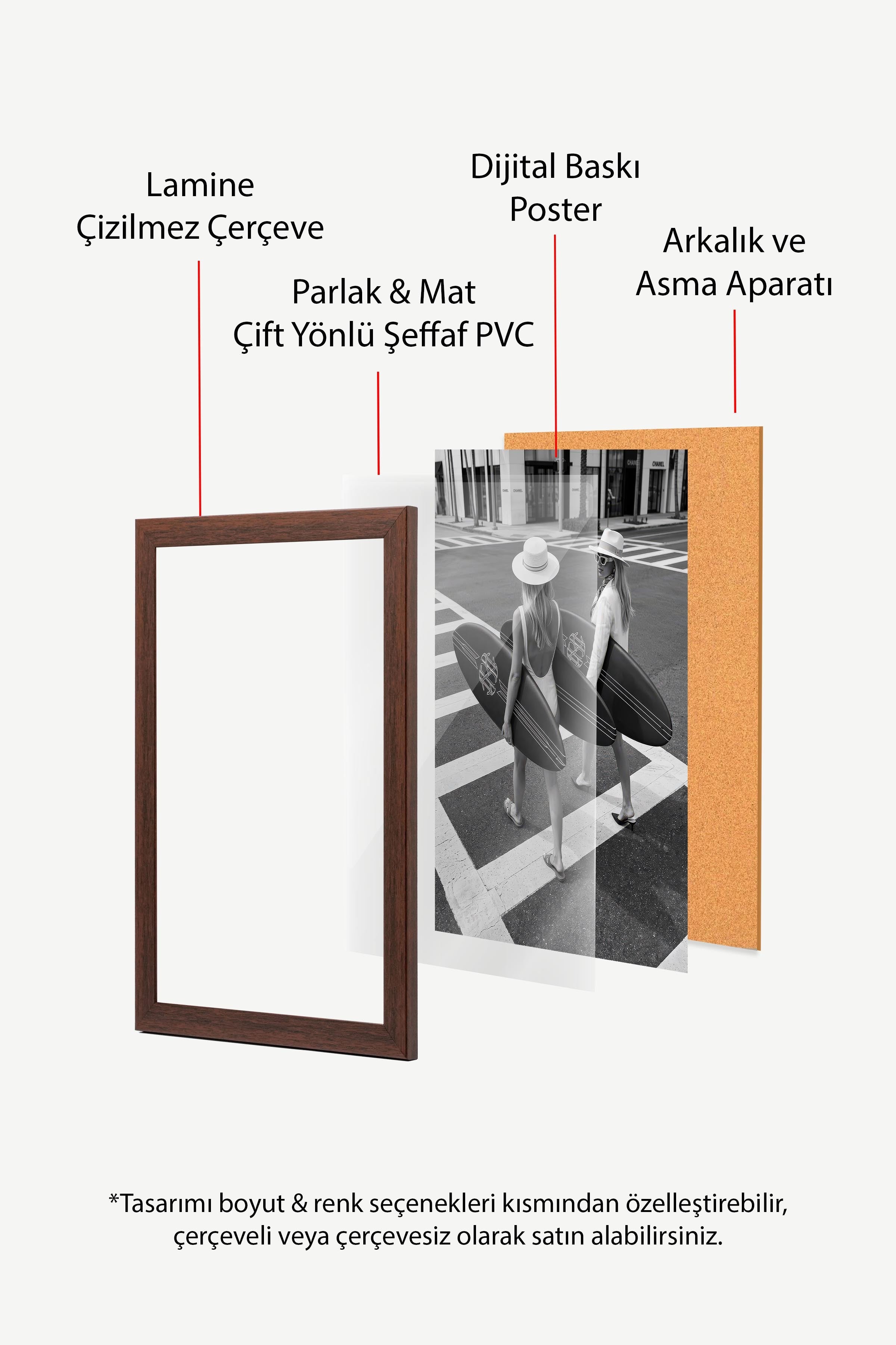 Kadın ve Sörf Tahtası Posteri, Kahverengi Çerçeveli Poster, Old Money Serisi, NO:113130