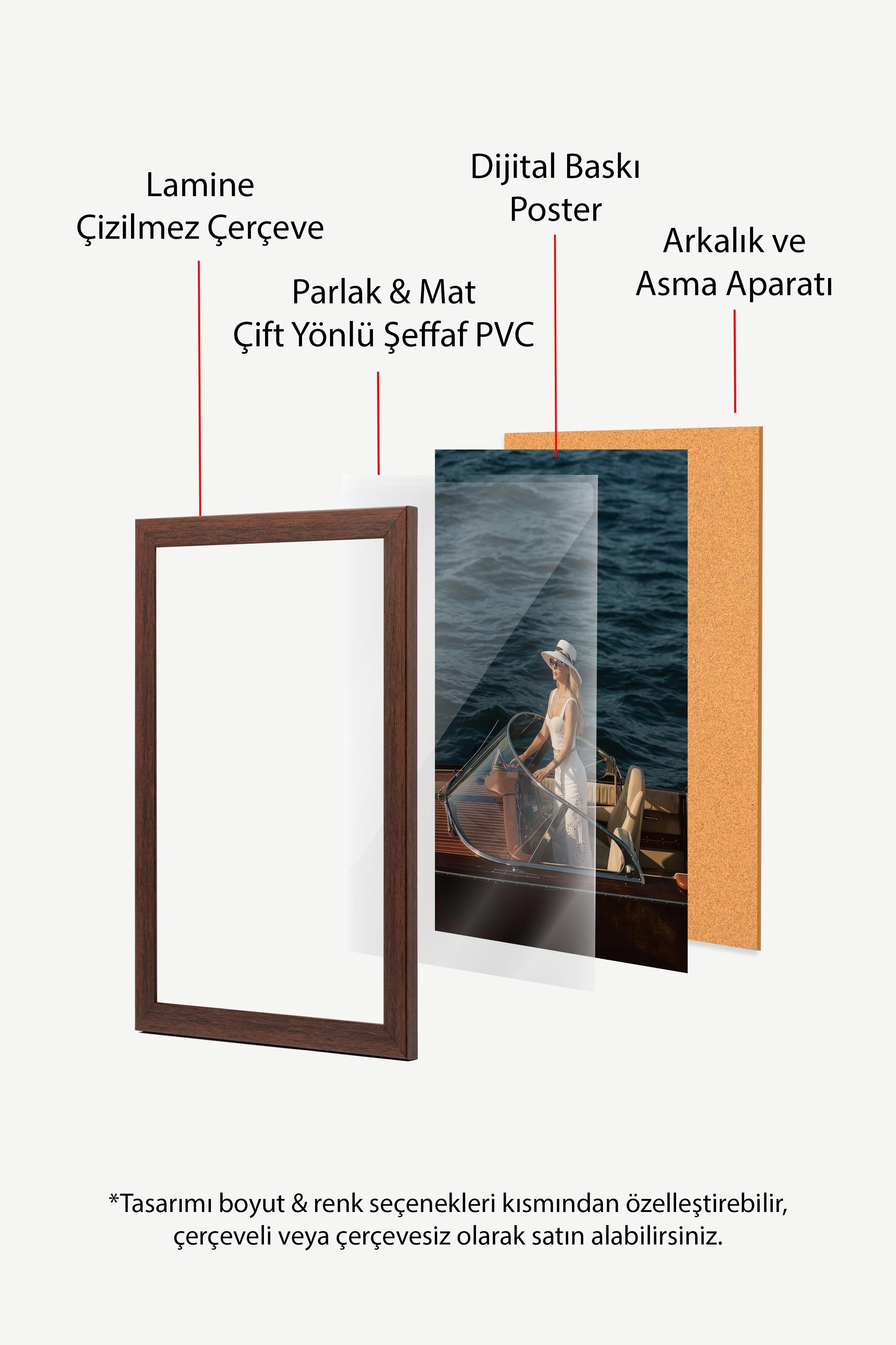 Kadın ve Tekne Posteri, Kahverengi Çerçeveli Poster, Old Money Serisi, NO:113169