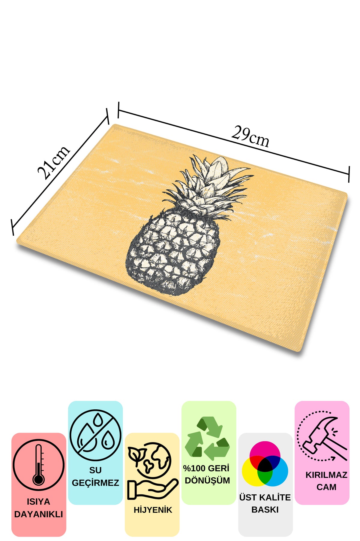 Kesme Tahtası, Kalın Ve Kırılmaz Cam Baskı - Ananas Temalı, 21*30cm - Doğrama Tahtası, Mutfak Dekoru