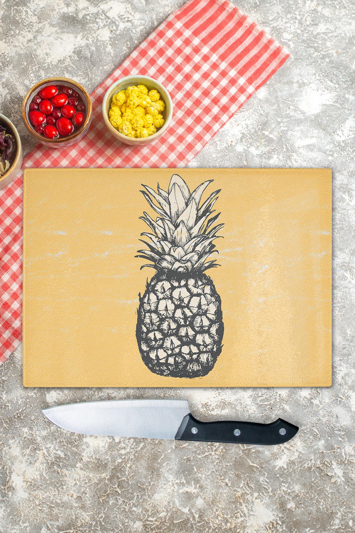 Kesme Tahtası, Kalın Ve Kırılmaz Cam Baskı - Ananas Temalı, 21*30cm - Doğrama Tahtası, Mutfak Dekoru