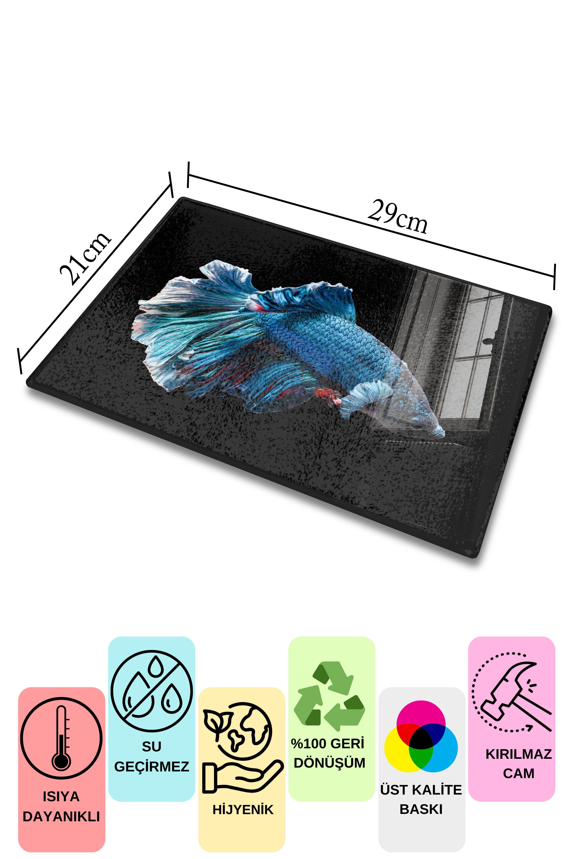 Kesme Tahtası, Kalın Ve Kırılmaz Cam Baskı - Balık Temalı - 21*30cm - Doğrama Tahtası, Mutfak Dekoru