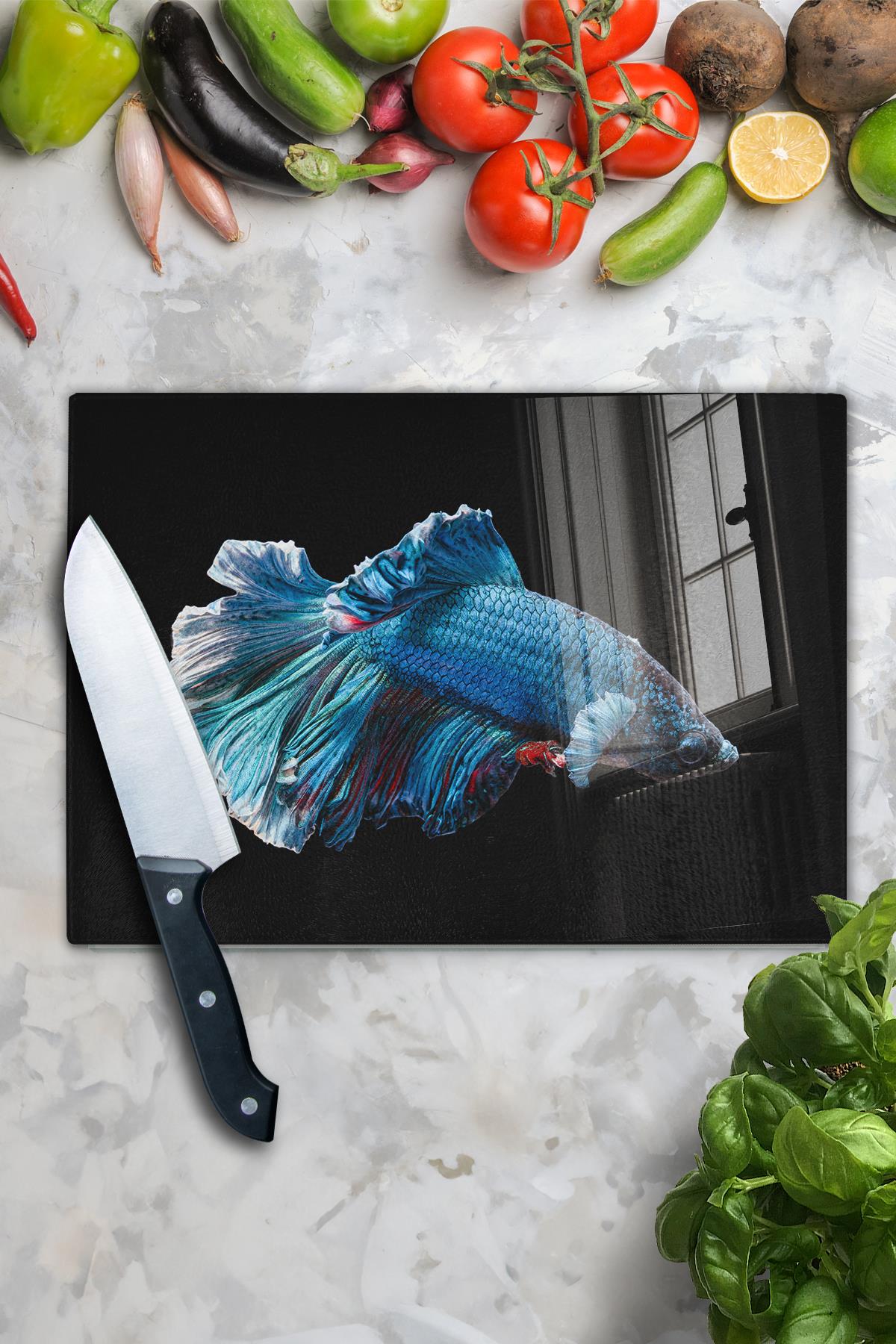 Kesme Tahtası, Kalın Ve Kırılmaz Cam Baskı - Balık Temalı - 21*30cm - Doğrama Tahtası, Mutfak Dekoru