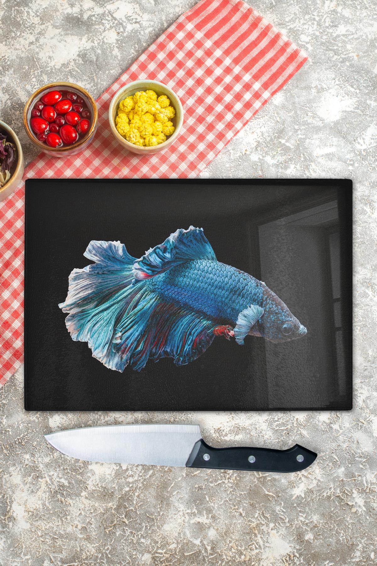 Kesme Tahtası, Kalın Ve Kırılmaz Cam Baskı - Balık Temalı - 21*30cm - Doğrama Tahtası, Mutfak Dekoru