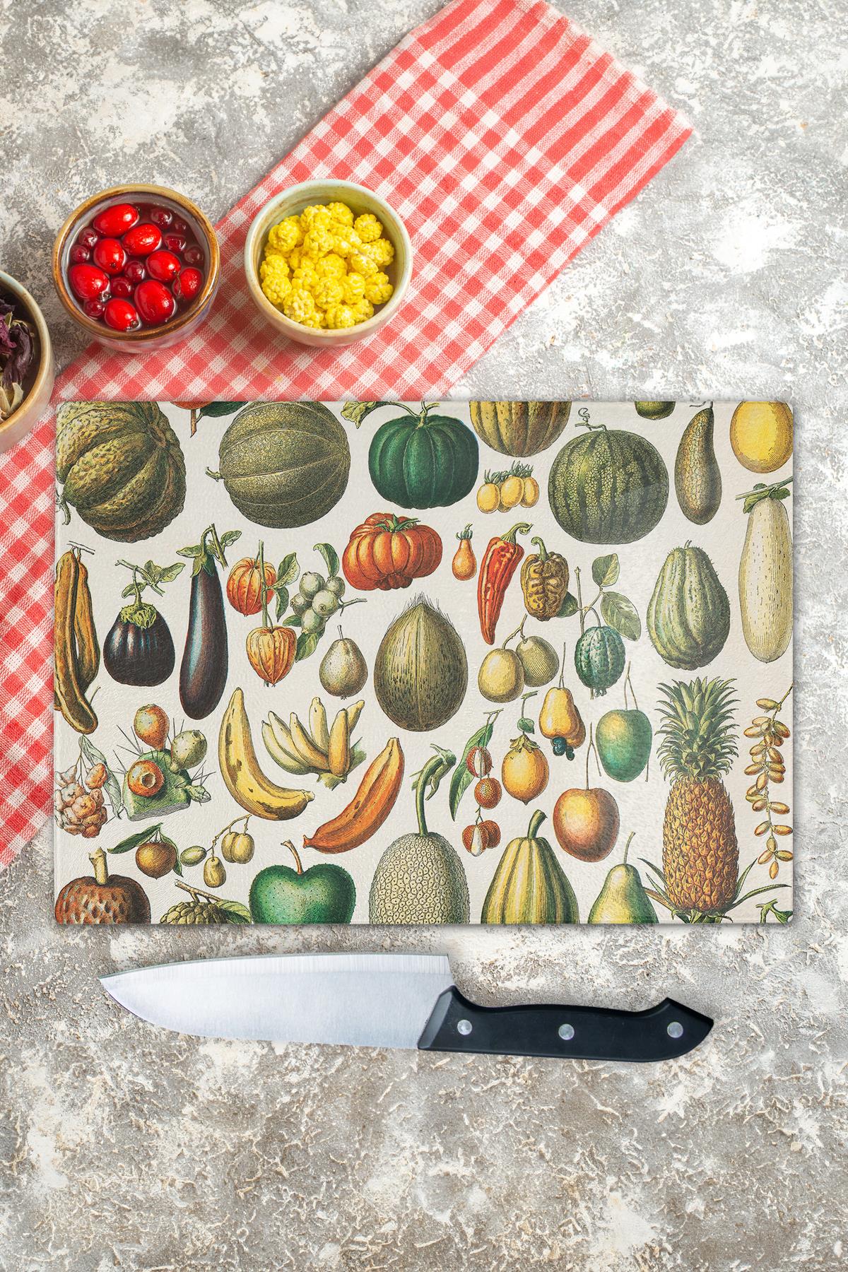 Kesme Tahtası, Kalın Ve Kırılmaz Cam Baskı - Vintage Meyveler, 21*30cm, Doğrama Tahtası
