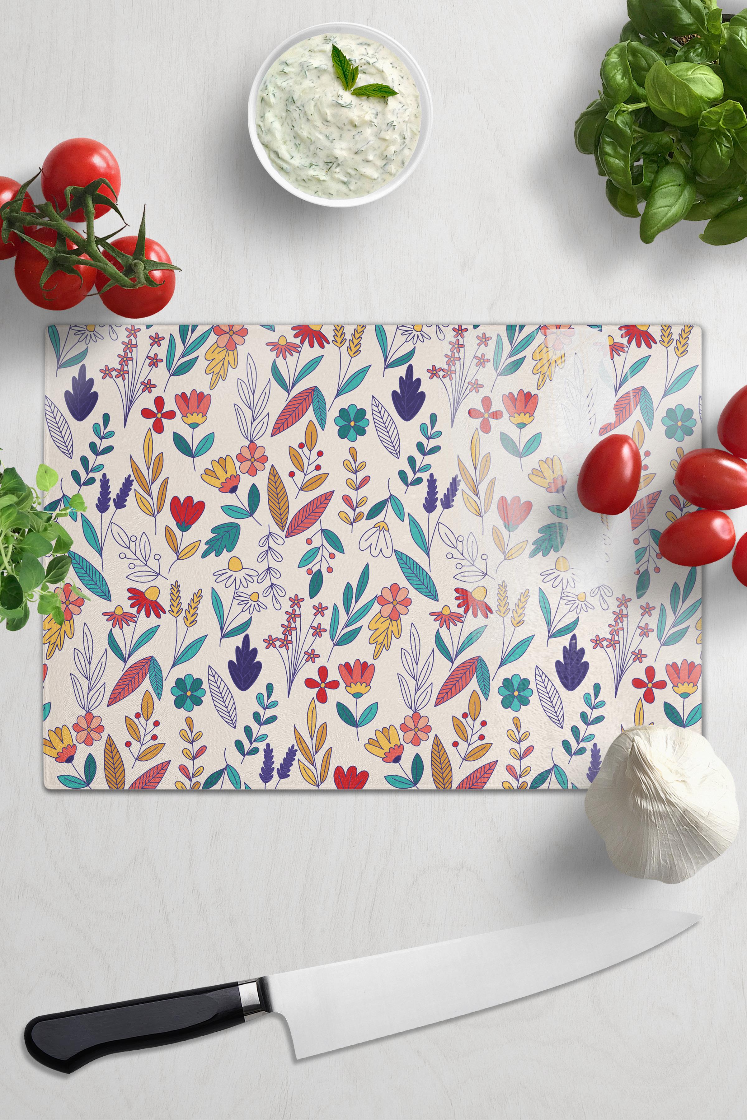 Kesme Tahtası, Kalın Ve Kırılmaz Cam, Rengarenk Botanik Çiçek Baskılı - 21*30cm, Doğrama Tahtası