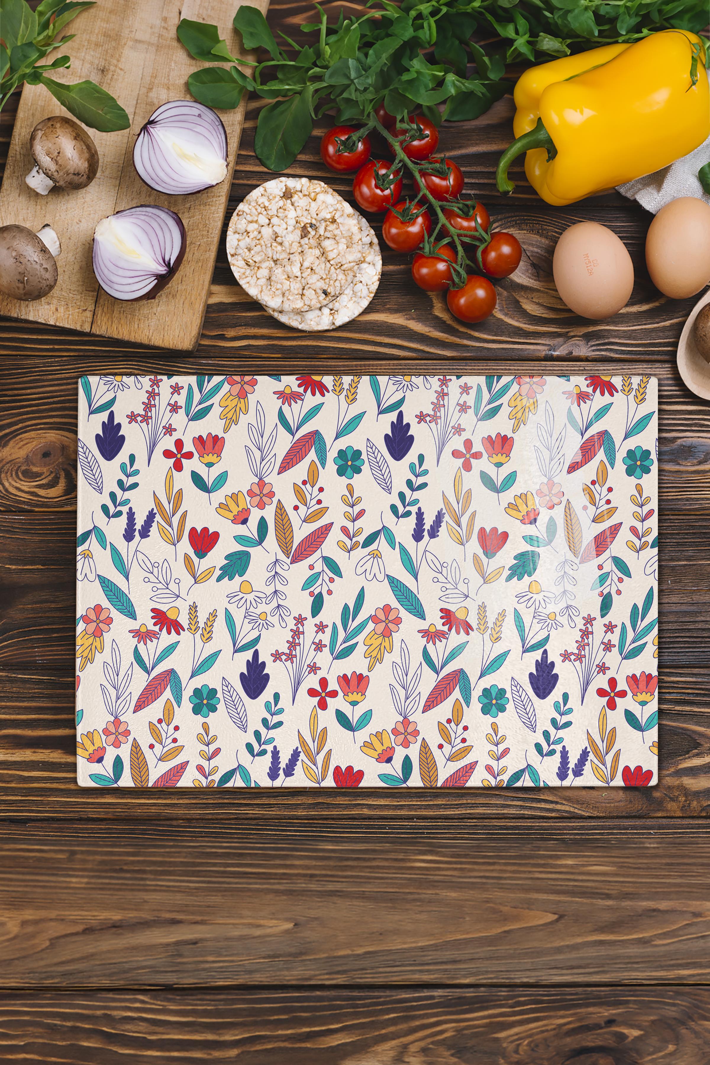 Kesme Tahtası, Kalın Ve Kırılmaz Cam, Rengarenk Botanik Çiçek Baskılı - 21*30cm, Doğrama Tahtası