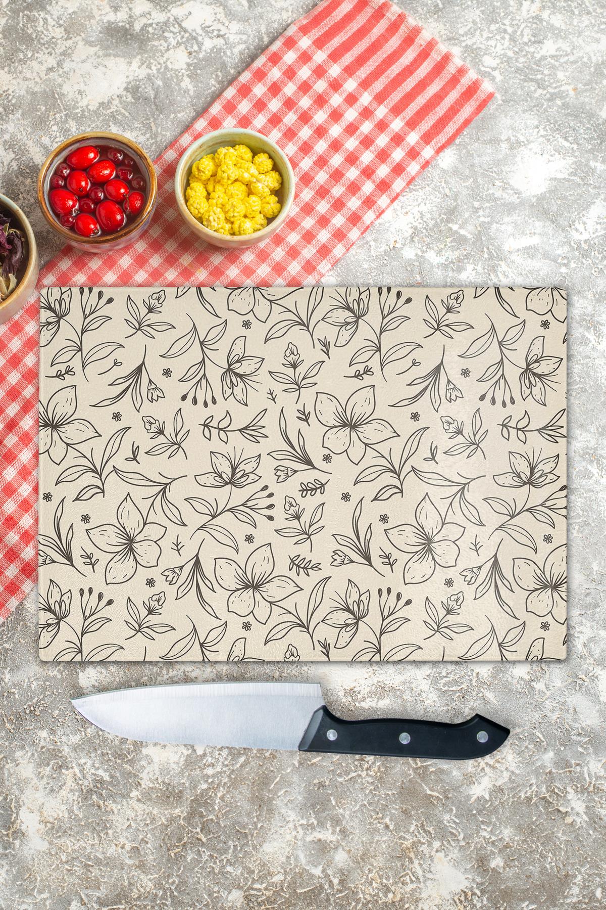 Kesme Tahtası, Kalın Ve Kırılmaz Cam, Rengarenk Botanik Çiçek Baskılı - 21*30cm, Doğrama Tahtası