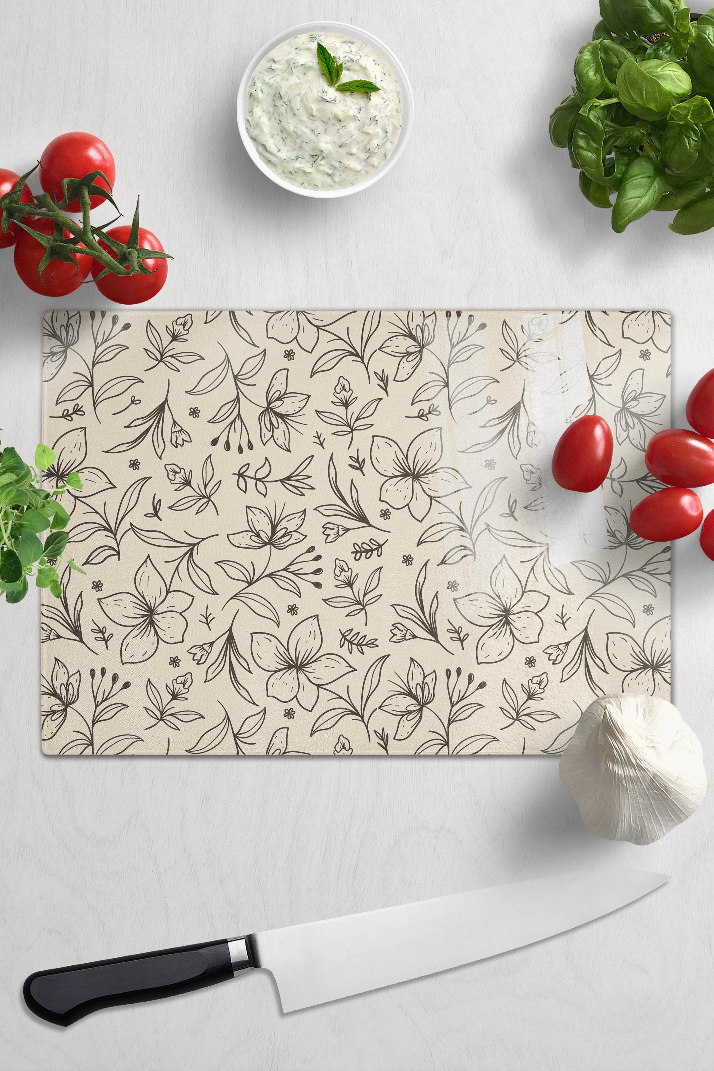 Kesme Tahtası, Kalın Ve Kırılmaz Cam, Rengarenk Botanik Çiçek Baskılı - 21*30cm, Doğrama Tahtası