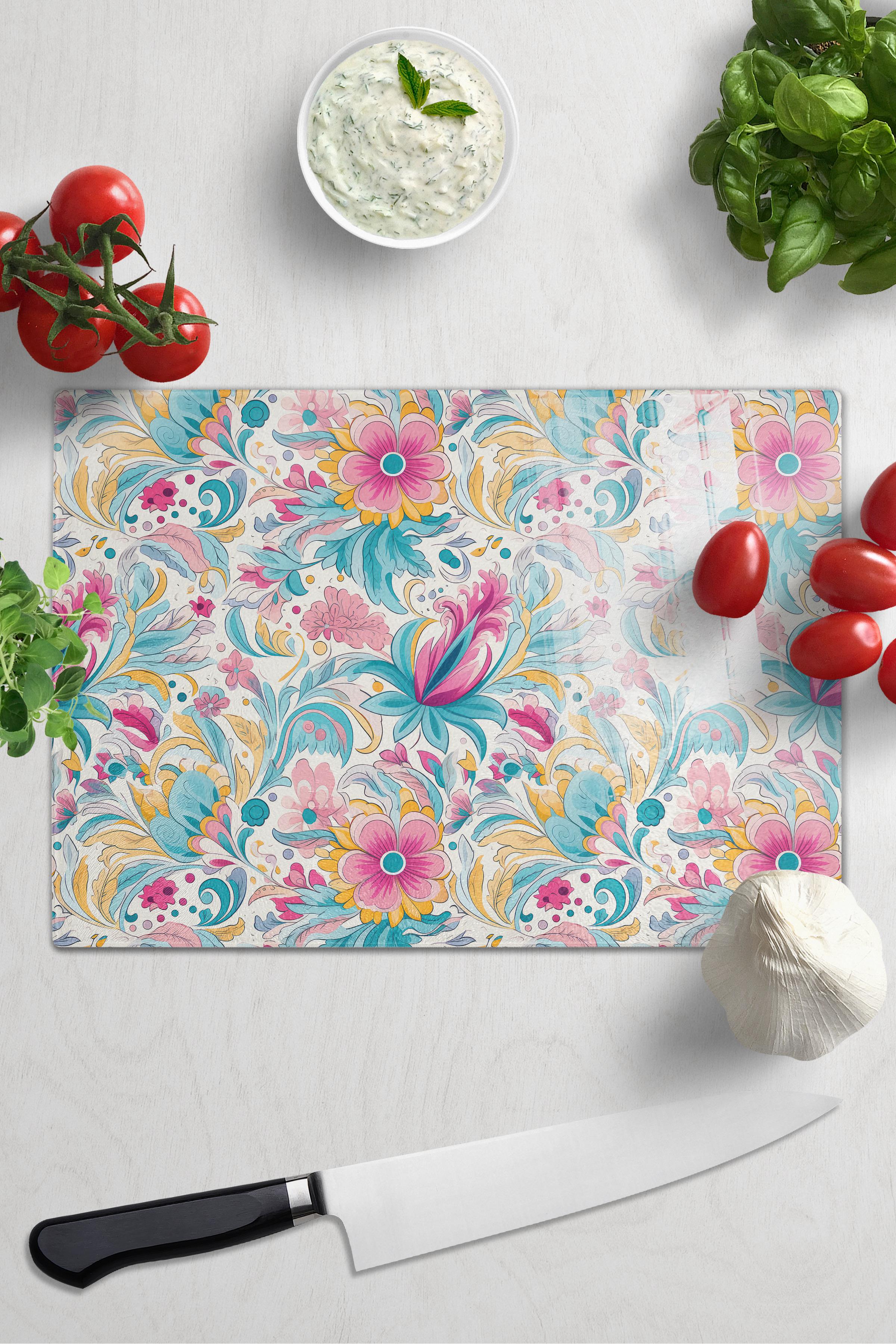 Kesme Tahtası, Kalın Ve Kırılmaz Cam, Rengarenk Botanik Çiçek Baskılı - 21*30cm, Doğrama Tahtası