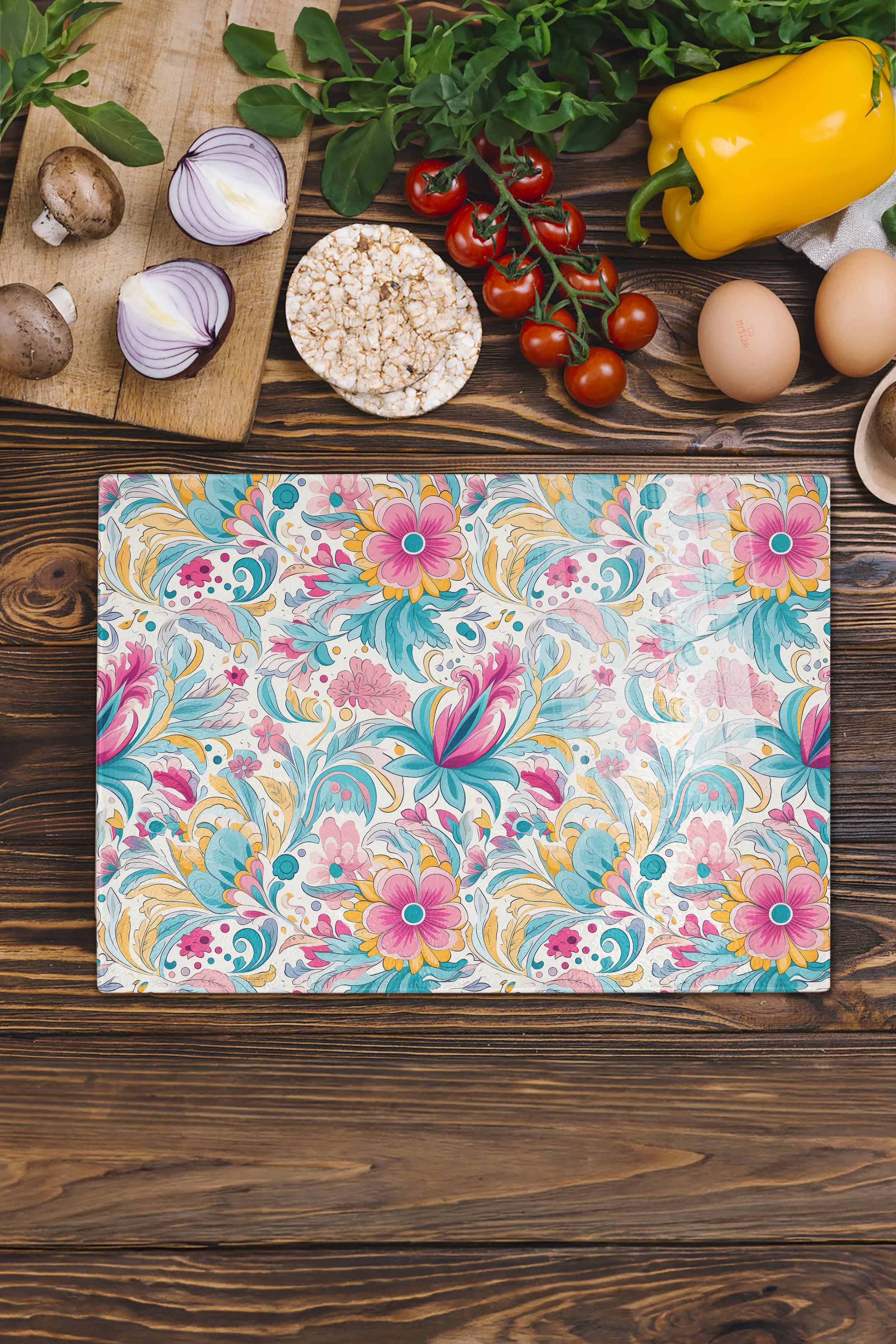 Kesme Tahtası, Kalın Ve Kırılmaz Cam, Rengarenk Botanik Çiçek Baskılı - 21*30cm, Doğrama Tahtası