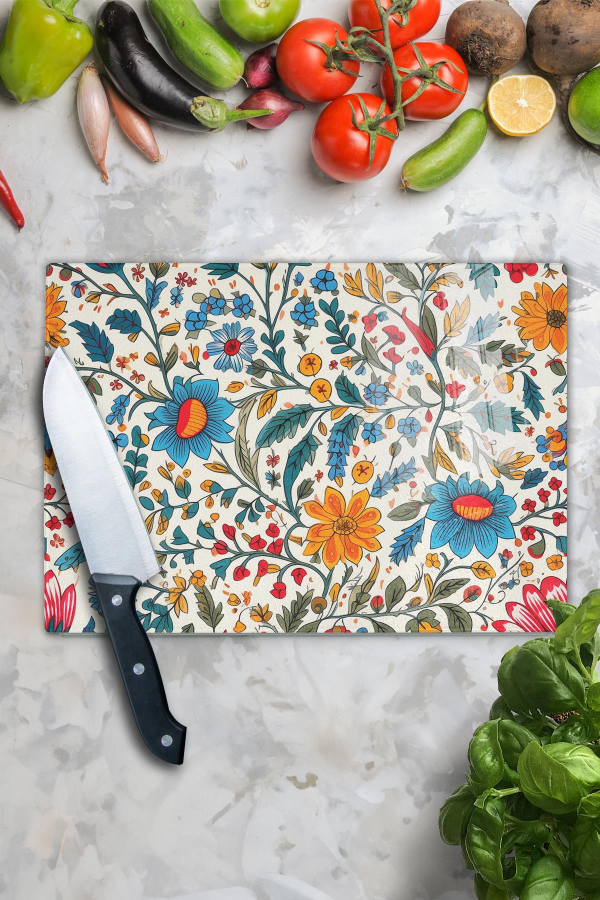 Kesme Tahtası, Kalın Ve Kırılmaz Cam, Rengarenk Botanik Çiçek Baskılı - 21*30cm, Doğrama Tahtası