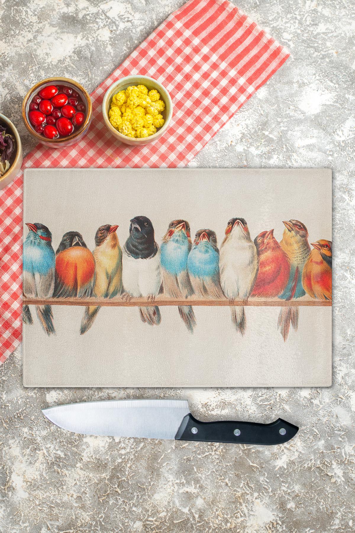 Kesme Tahtası, Kalın Ve Kırılmaz Cama Baskı - Vintage Kuşlar Baskılı - 21*30cm, Doğrama Tahtası