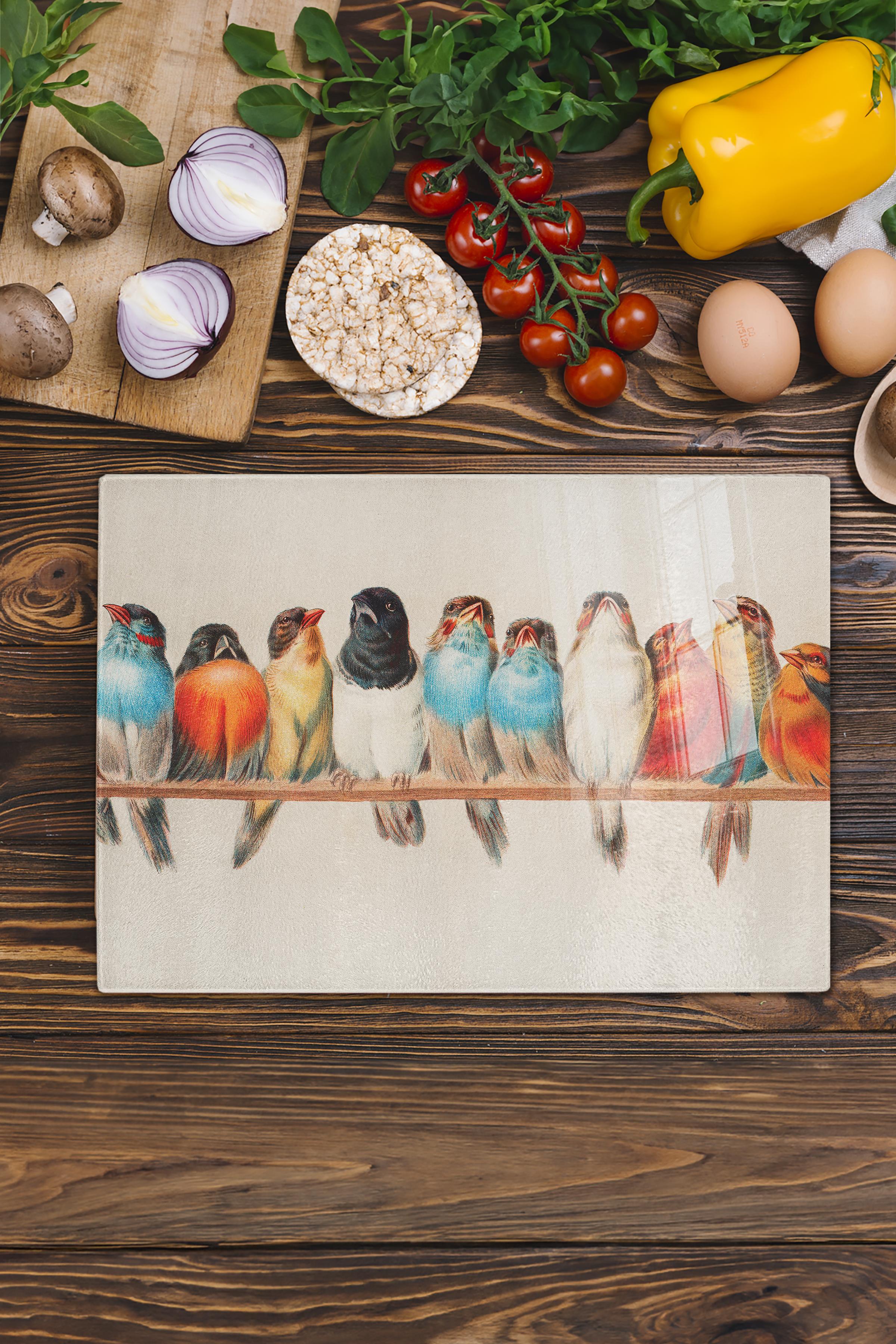 Kesme Tahtası, Kalın Ve Kırılmaz Cama Baskı - Vintage Kuşlar Baskılı - 21*30cm, Doğrama Tahtası