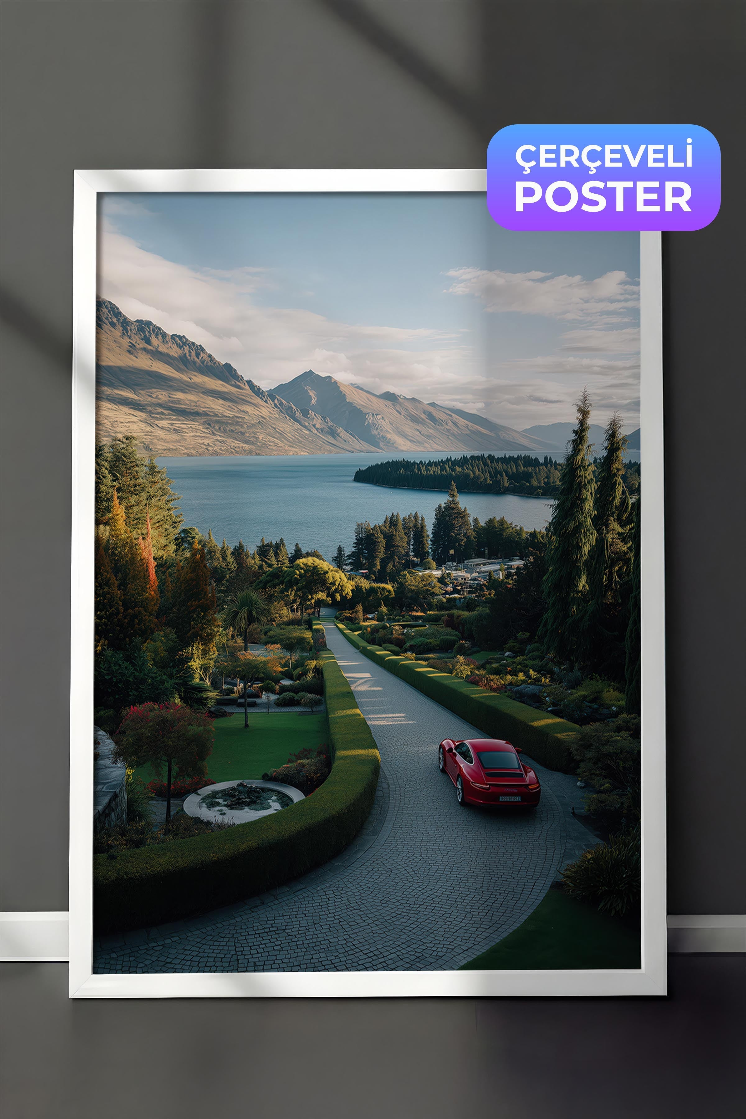 Kırmızı Araba ve Dağ Manzarası Posteri, Beyaz Çerçeveli Poster, Old Money Serisi, NO:113223