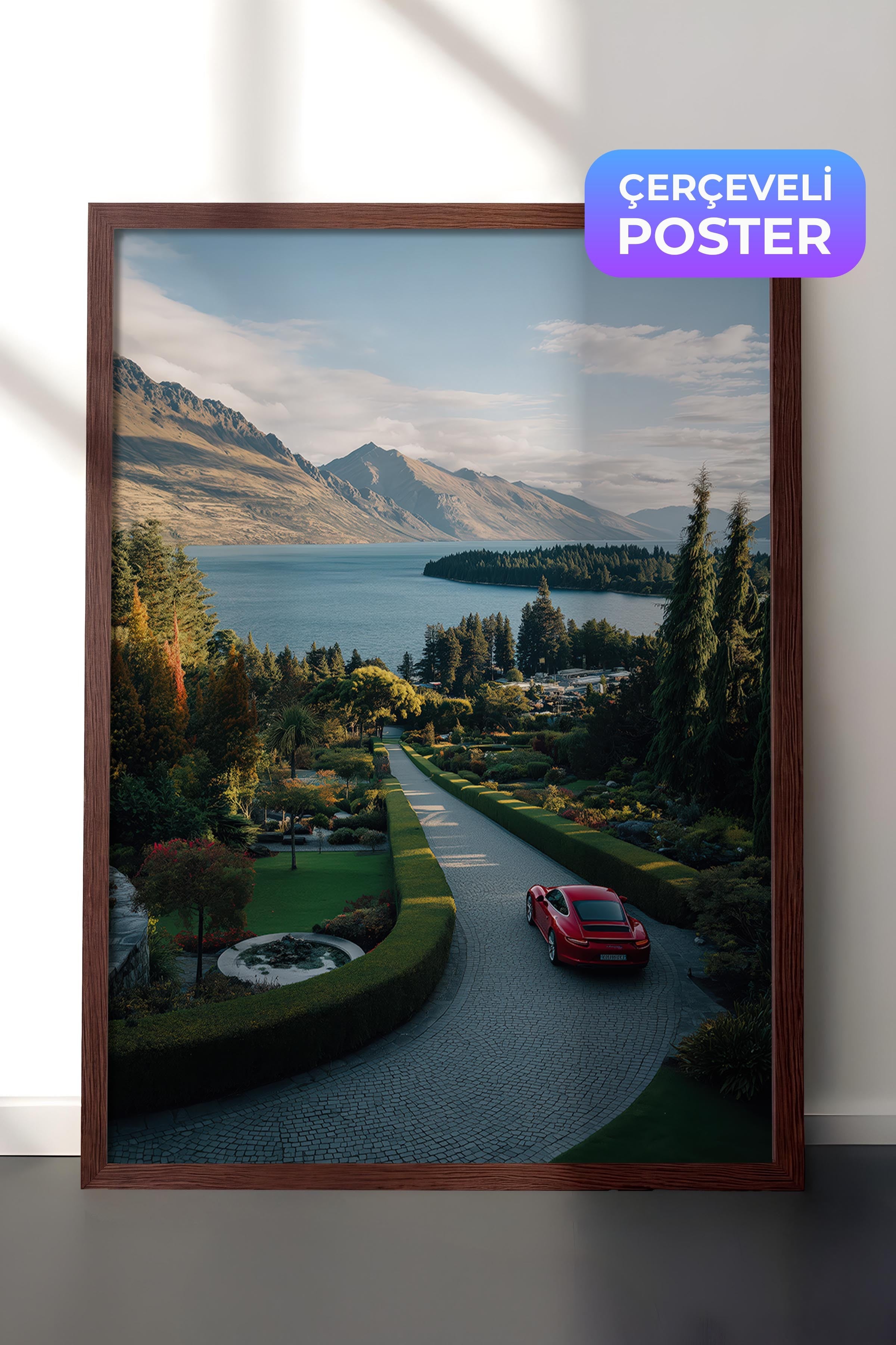 Kırmızı Araba ve Dağ Manzarası Posteri, Kahverengi Çerçeveli Poster, Old Money Serisi, NO:113223