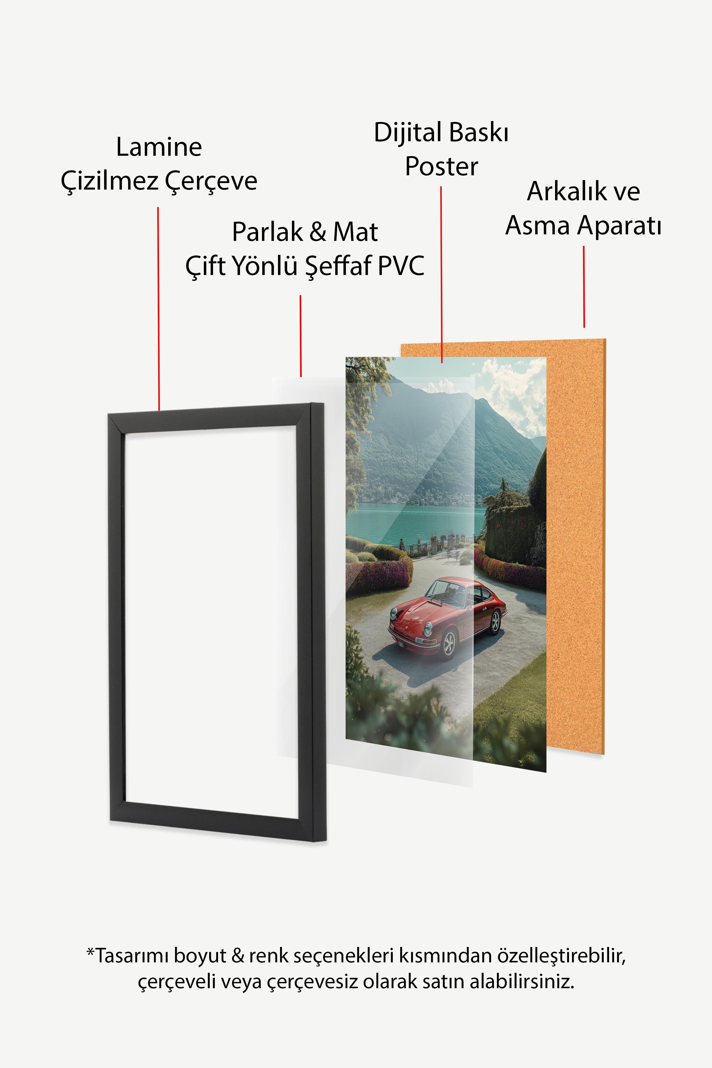 Kırmızı Araba ve Dağ Manzarası Posteri, Siyah Çerçeveli Poster, Old Money Serisi, NO:113217