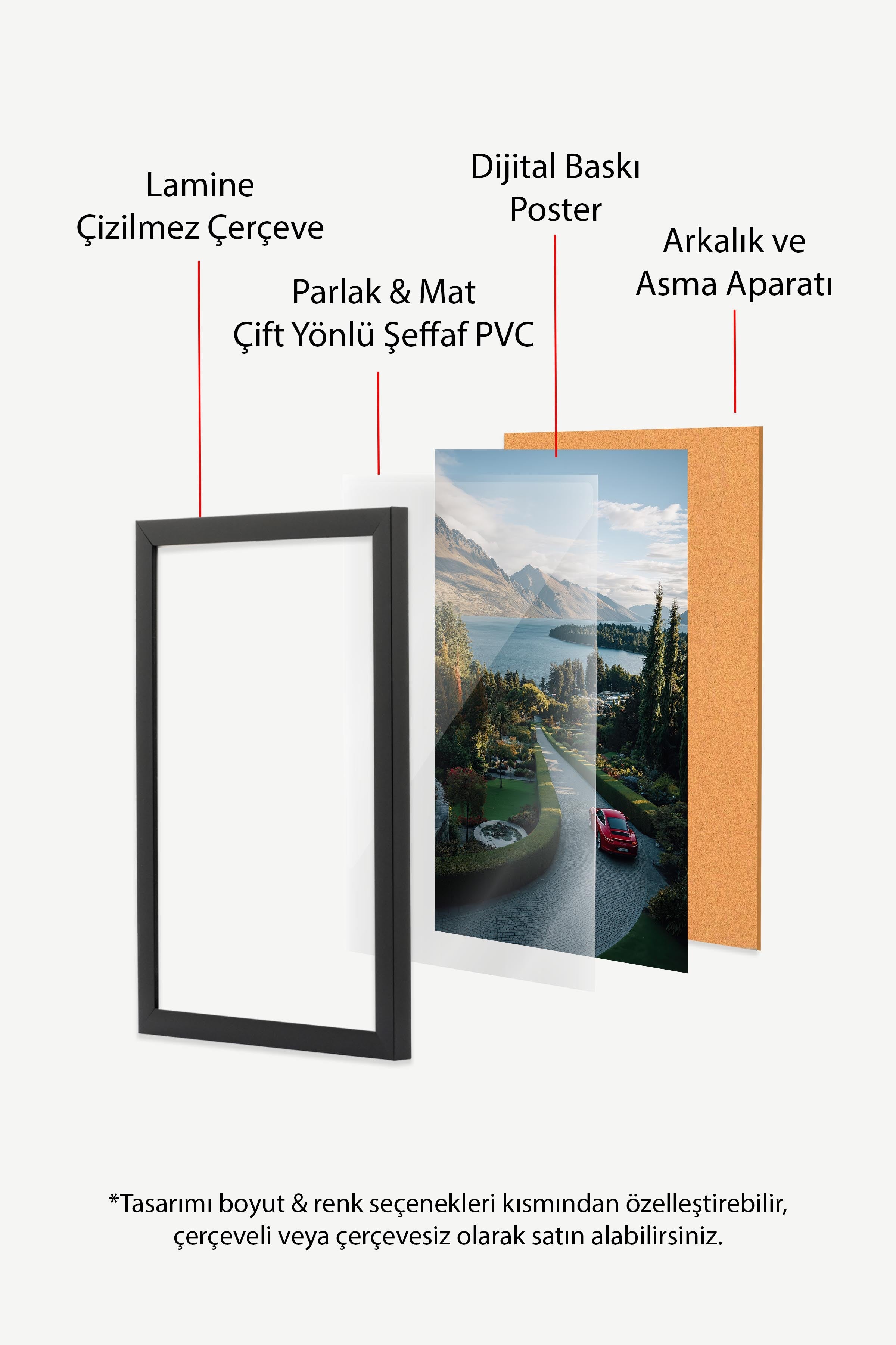 Kırmızı Araba ve Dağ Manzarası Posteri, Siyah Çerçeveli Poster, Old Money Serisi, NO:113223