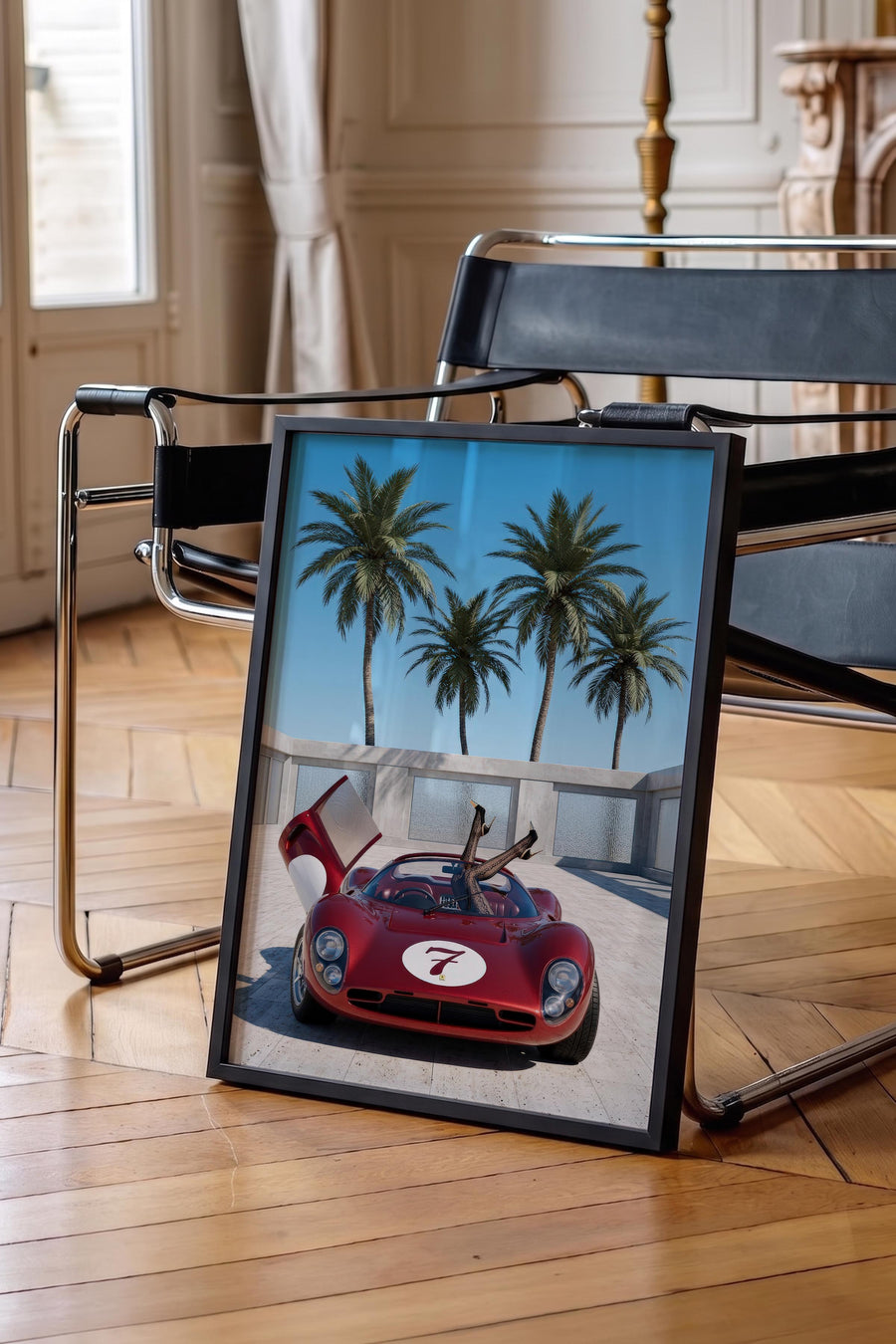 Araba ve Palmiye Ağaçları Old Money Tasarımlar Poster – Siyah Çerçeveli Tablo