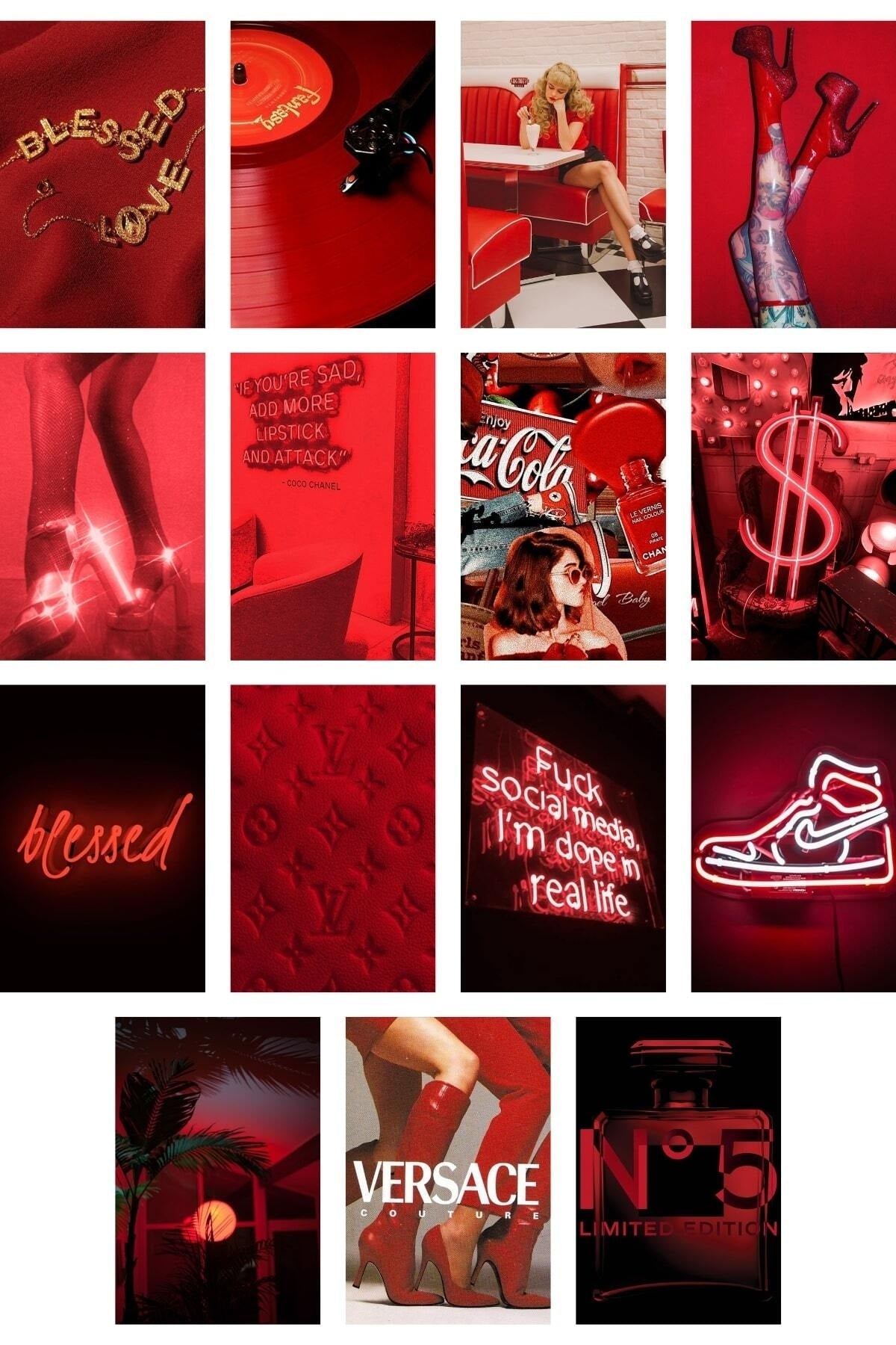 Kırmızı Duvar Poster Seti - 60 Adet - Arkası Yapışkanlı Kolaj Seti - 10cm*15cm - Kutulu Set