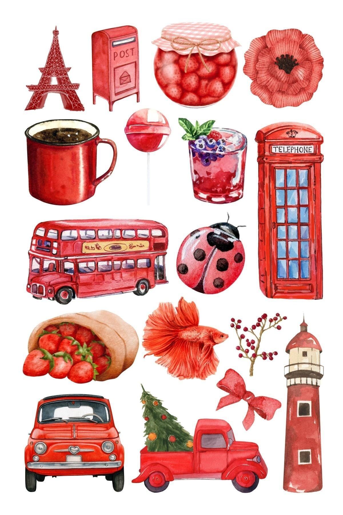 Kırmızı Temalı Sticker Seti - 17 Adet Etiket Seti- Telefon, Tablet, Defter Laptop Uyumlu Etiket