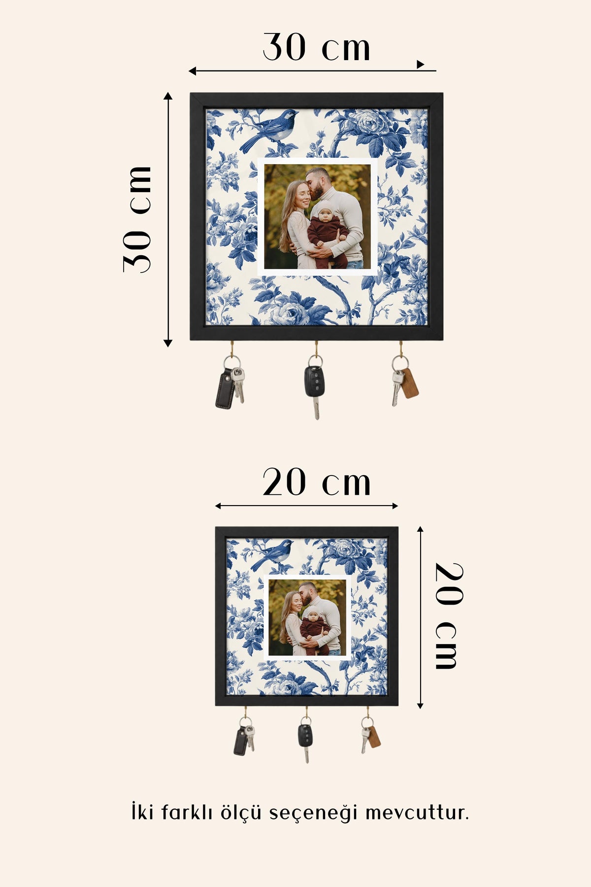 Mavi Çiçekli Kuş Desenli Kişiye Özel Tablo Anahtarlık, Photobooth Stili, Beyaz Fotoğraf Çerçevesi Kare