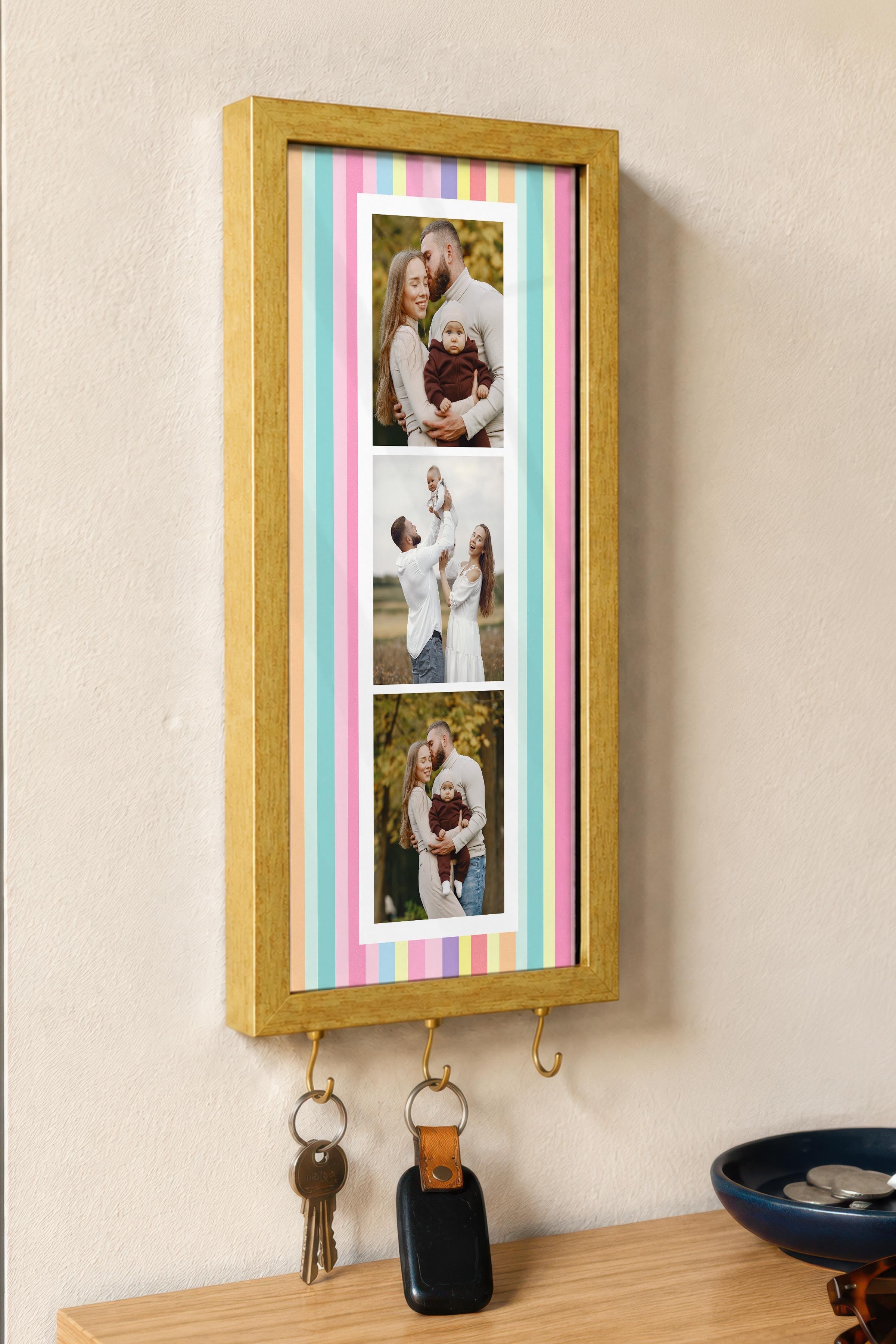 Kişiye Özel Tablo Anahtarlık, Photobooth Stili Gold Fotoğraf Çerçevesi, Vintage Duvar Dekoru