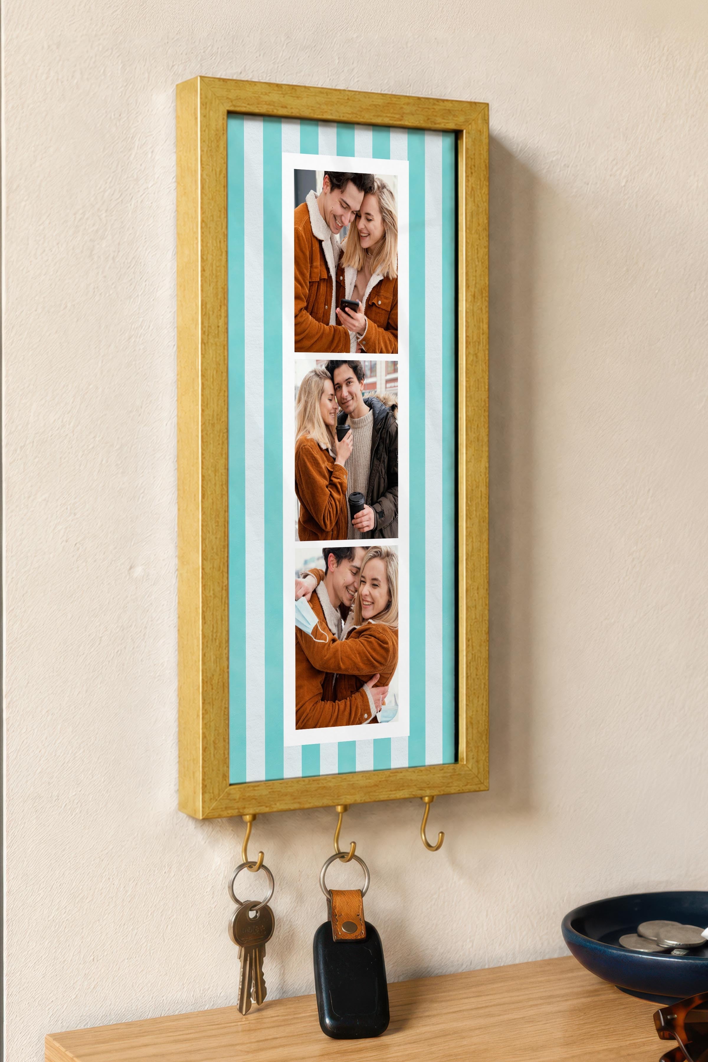 Kişiye Özel Tablo Anahtarlık, Photobooth Stili Gold Fotoğraf Çerçevesi, Vintage Duvar Dekoru