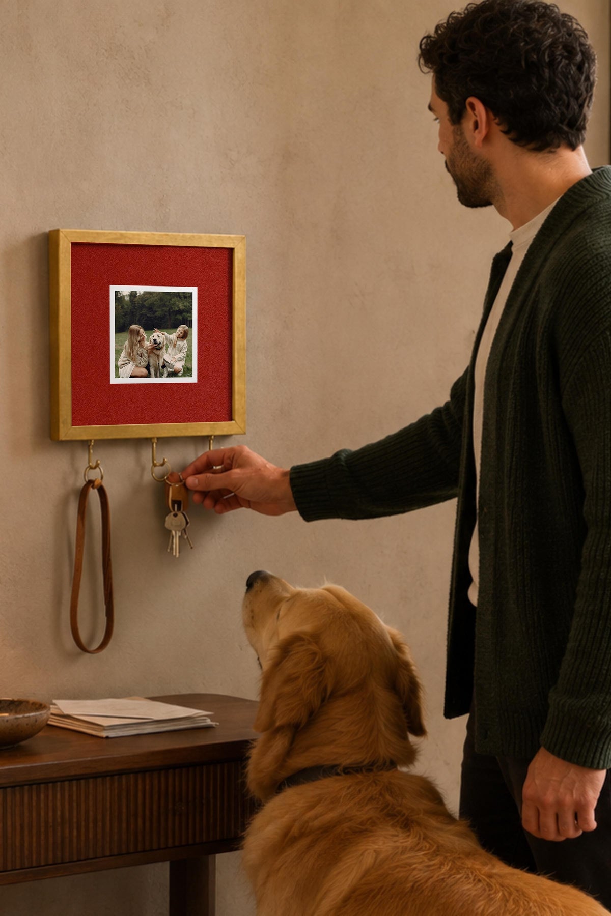 Canlı Kırmızı Dokulu Kişiye Özel Tablo Anahtarlık, Photobooth Stili, Gold Fotoğraf Çerçevesi Kare