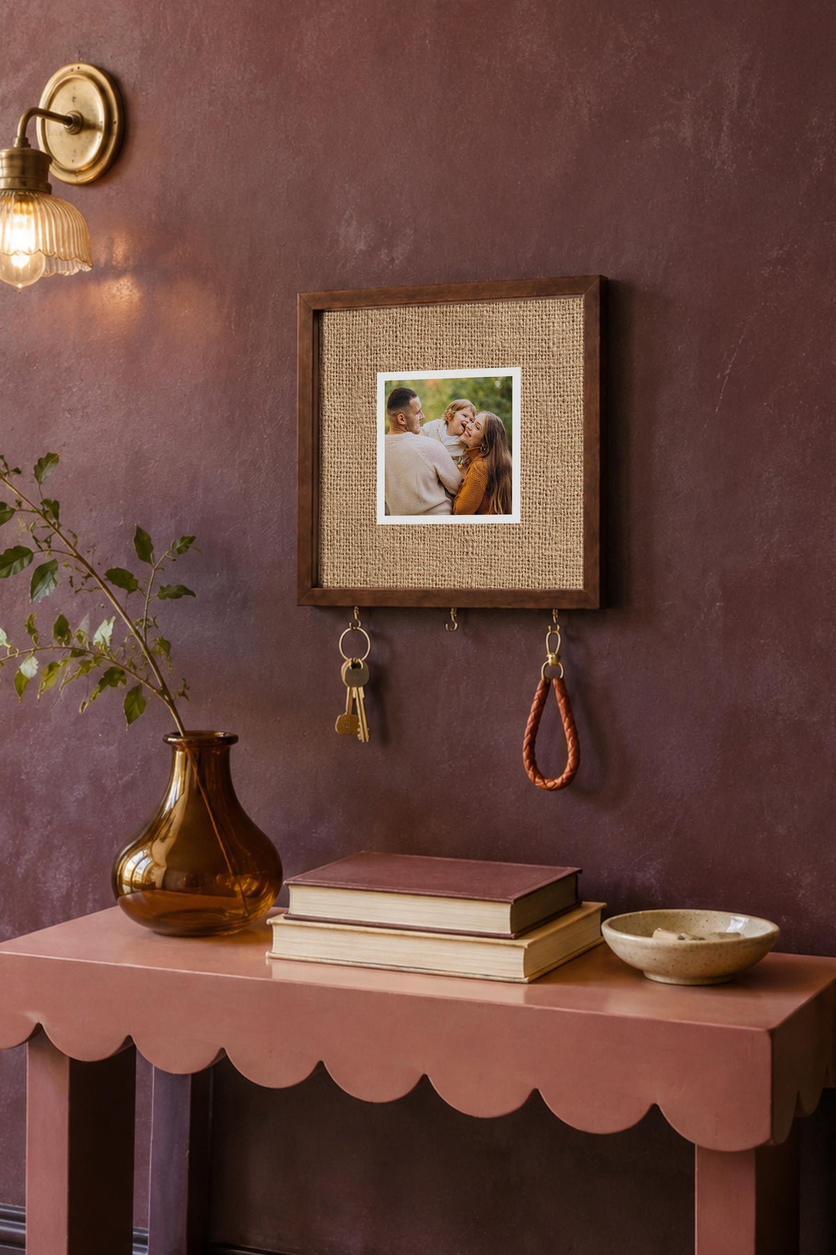 Açık Keten Dokulu Kişiye Özel Tablo Anahtarlık, Photobooth Stili, Kahverengi Fotoğraf Çerçevesi Kare